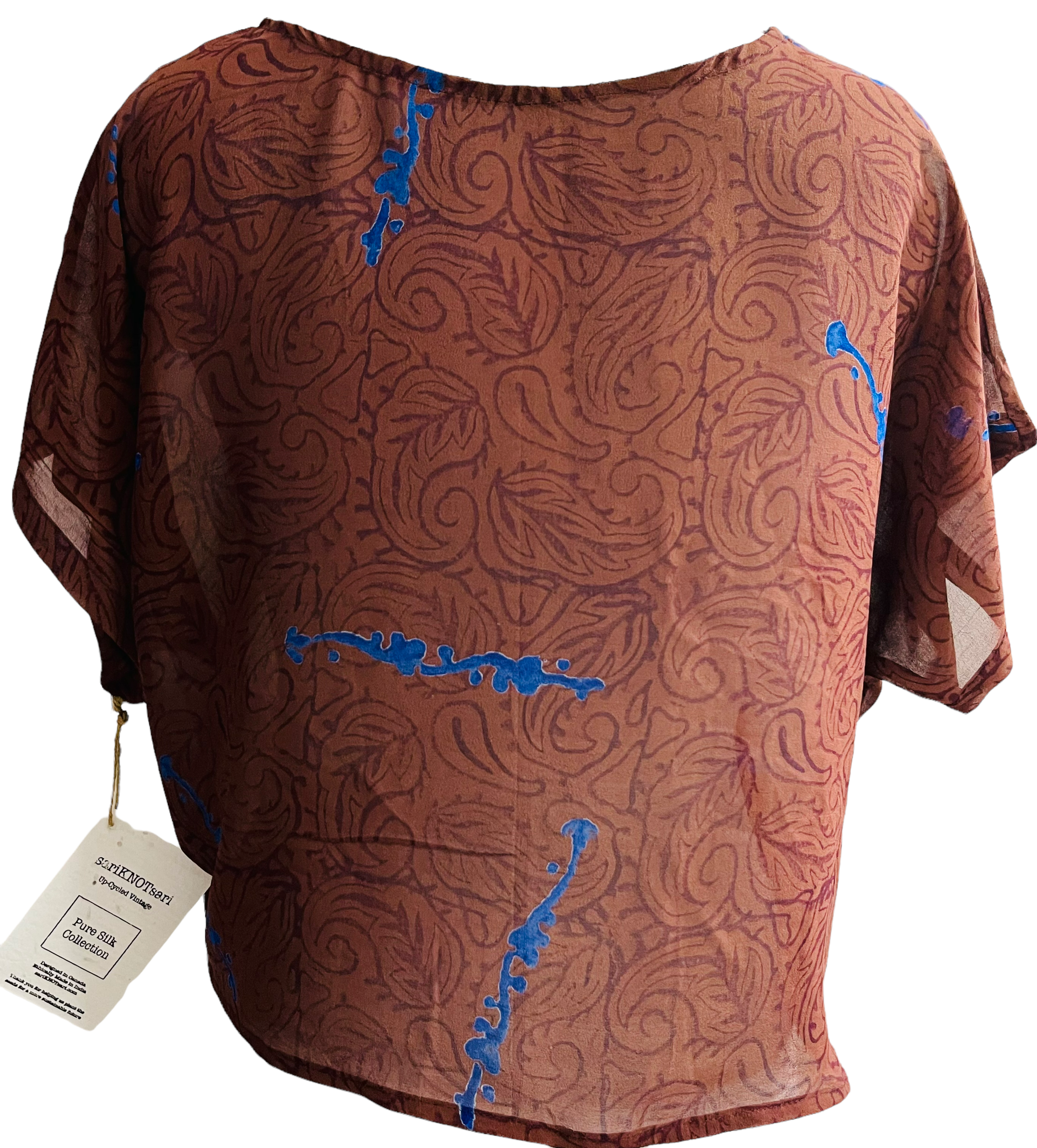 PRG773 La Vallée Sheer Pure Silk Boxy Top - sariKNOTsari slow fashion bryn walker linen Hamilton sustainable fashion gifts sari not sari Hamilton Fair trade Ethical Artisan made Zero waste Up-cycled Slow Fashion Handmade GTA Toronto Copper Pure Upcycled vintage silk handmade recycled recycle copper pure silk travel clothing hamilton vacation cruisewear resortwear bathing suit bathingsuit vacation etsy silk clothing gifts gift dress top pants linen bryn walker alive intentions kaarigar elephants