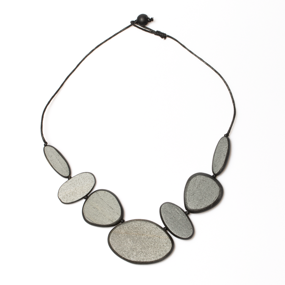 Grey Mixed Shape Adjustable Wooden Necklace - sariKNOTsari slow fashion bryn walker linen Hamilton sustainable fashion gifts sari not sari Hamilton Fair trade Ethical Artisan made Zero waste Up-cycled Slow Fashion Handmade GTA Toronto Copper Pure Upcycled vintage silk handmade recycled recycle copper pure silk travel clothing hamilton vacation cruisewear resortwear bathing suit bathingsuit vacation etsy silk clothing gifts gift dress top pants linen bryn walker alive intentions kaarigar elephants