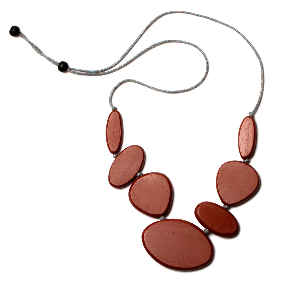 Maroon Mixed Shape Adjustable Wooden Necklace - sariKNOTsari slow fashion bryn walker linen Hamilton sustainable fashion gifts sari not sari Hamilton Fair trade Ethical Artisan made Zero waste Up-cycled Slow Fashion Handmade GTA Toronto Copper Pure Upcycled vintage silk handmade recycled recycle copper pure silk travel clothing hamilton vacation cruisewear resortwear bathing suit bathingsuit vacation etsy silk clothing gifts gift dress top pants linen bryn walker alive intentions kaarigar elephants