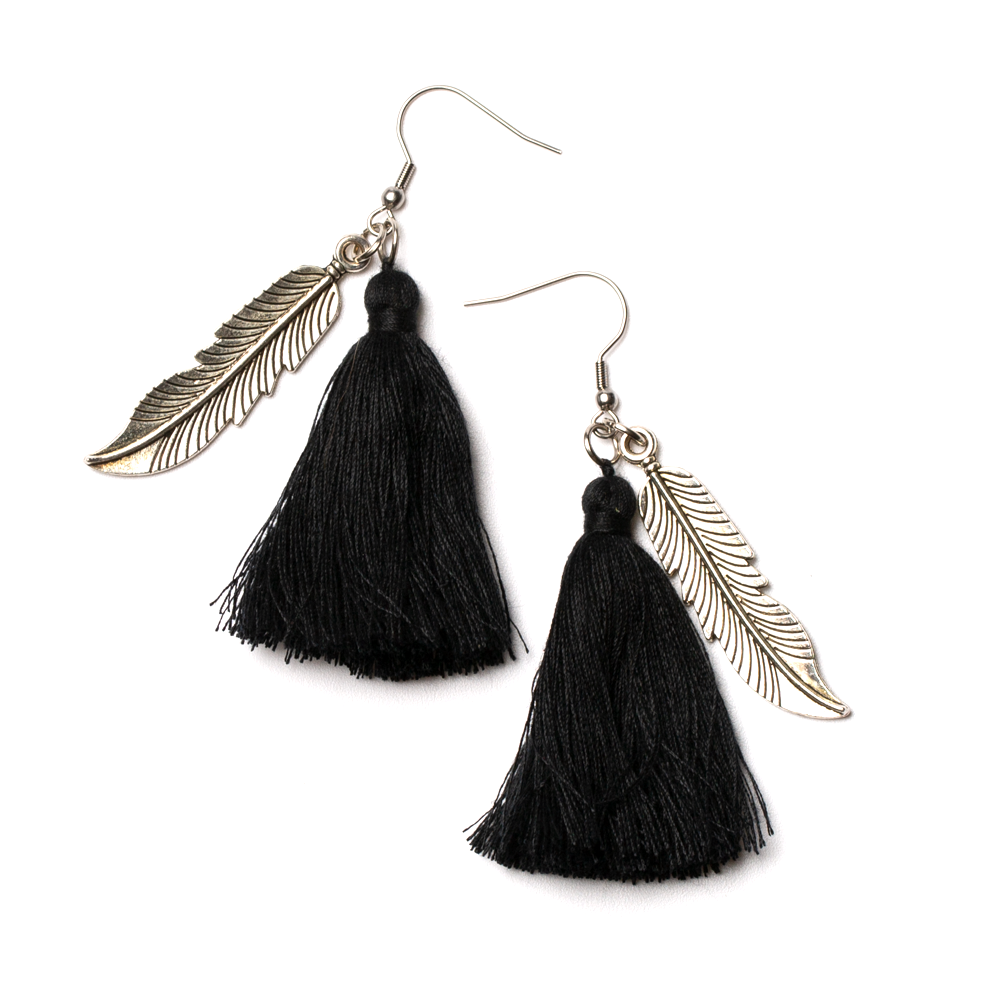 Black Tassel with Leaf Charm Earrings - sariKNOTsari slow fashion bryn walker linen Hamilton sustainable fashion gifts sari not sari Hamilton Fair trade Ethical Artisan made Zero waste Up-cycled Slow Fashion Handmade GTA Toronto Copper Pure Upcycled vintage silk handmade recycled recycle copper pure silk travel clothing hamilton vacation cruisewear resortwear bathing suit bathingsuit vacation etsy silk clothing gifts gift dress top pants linen bryn walker alive intentions kaarigar elephants