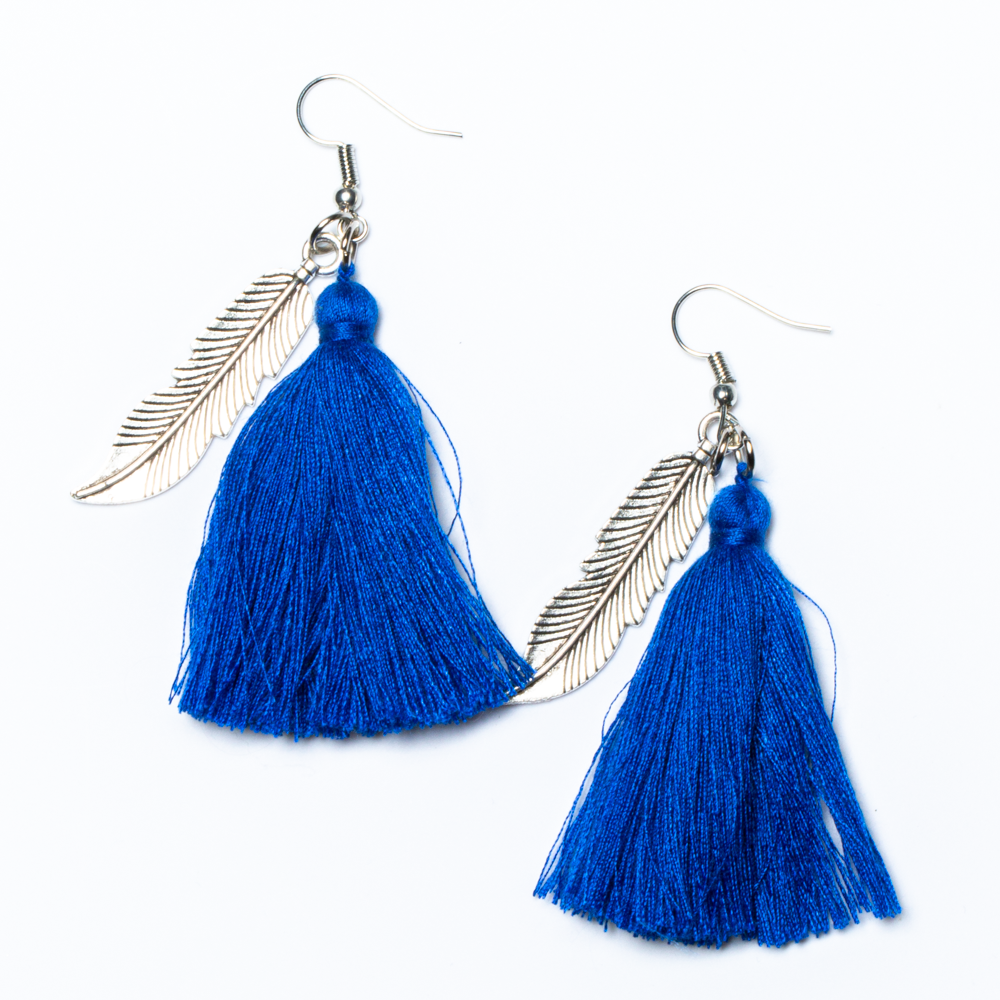 Cobalt Blue Tassel with Leaf Charm Earrings - sariKNOTsari slow fashion bryn walker linen Hamilton sustainable fashion gifts sari not sari Hamilton Fair trade Ethical Artisan made Zero waste Up-cycled Slow Fashion Handmade GTA Toronto Copper Pure Upcycled vintage silk handmade recycled recycle copper pure silk travel clothing hamilton vacation cruisewear resortwear bathing suit bathingsuit vacation etsy silk clothing gifts gift dress top pants linen bryn walker alive intentions kaarigar elephants