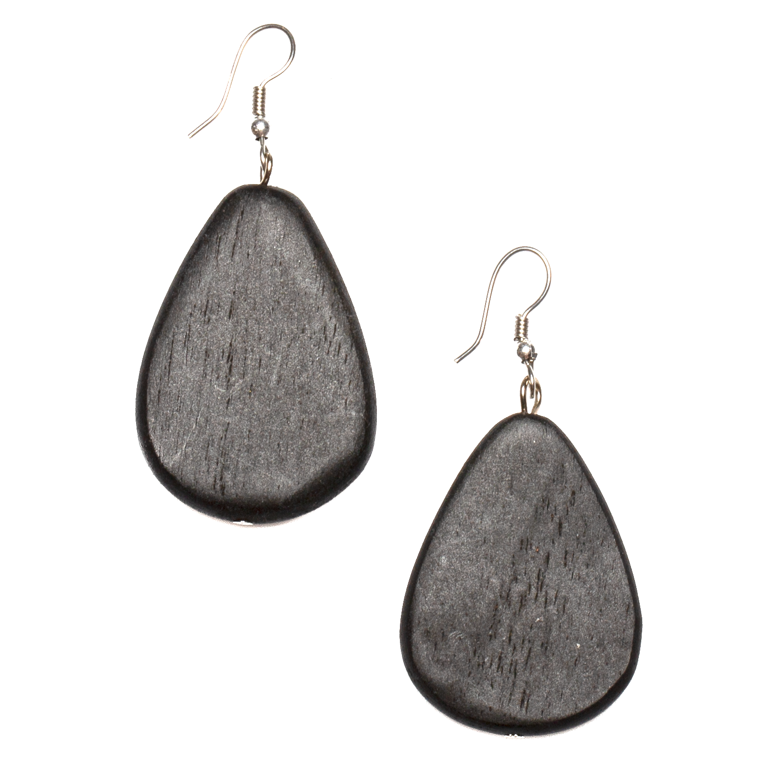 Dark Grey Tinted Wooden Pebble Earrings by Suzie Blue – Handmade ethical from sariKNOTsari using upcycled silk. Designed in Canada for travel and slow fashion, loved from Toronto to LA to Sydney. Featuring Zsiska, Bryn Walker and Artisan Leather coats by Rejean Pepin, Pepin designs