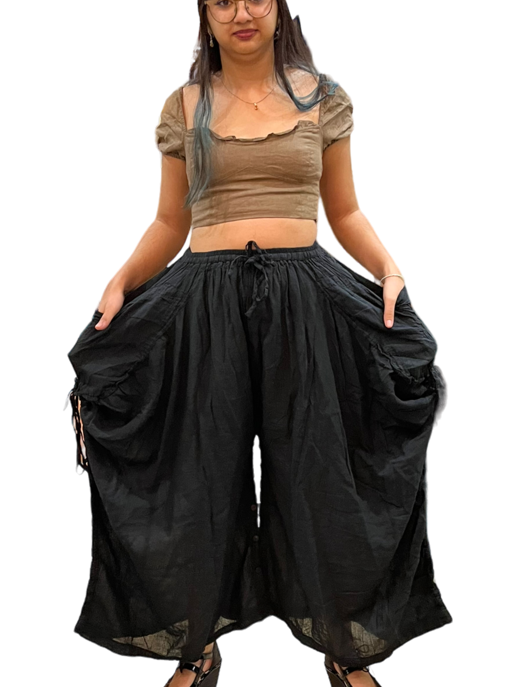 Black Cotton Voile Tashi Versatile Pants/Skirt by Creative Design – Handmade ethical Pants/Skirt from sariKNOTsari using upcycled silk. Designed in Canada for travel and slow fashion, loved from Toronto to LA to Sydney. Featuring Zsiska, Bryn Walker and Artisan Leather coats by Rejean Pepin, Pepin designs