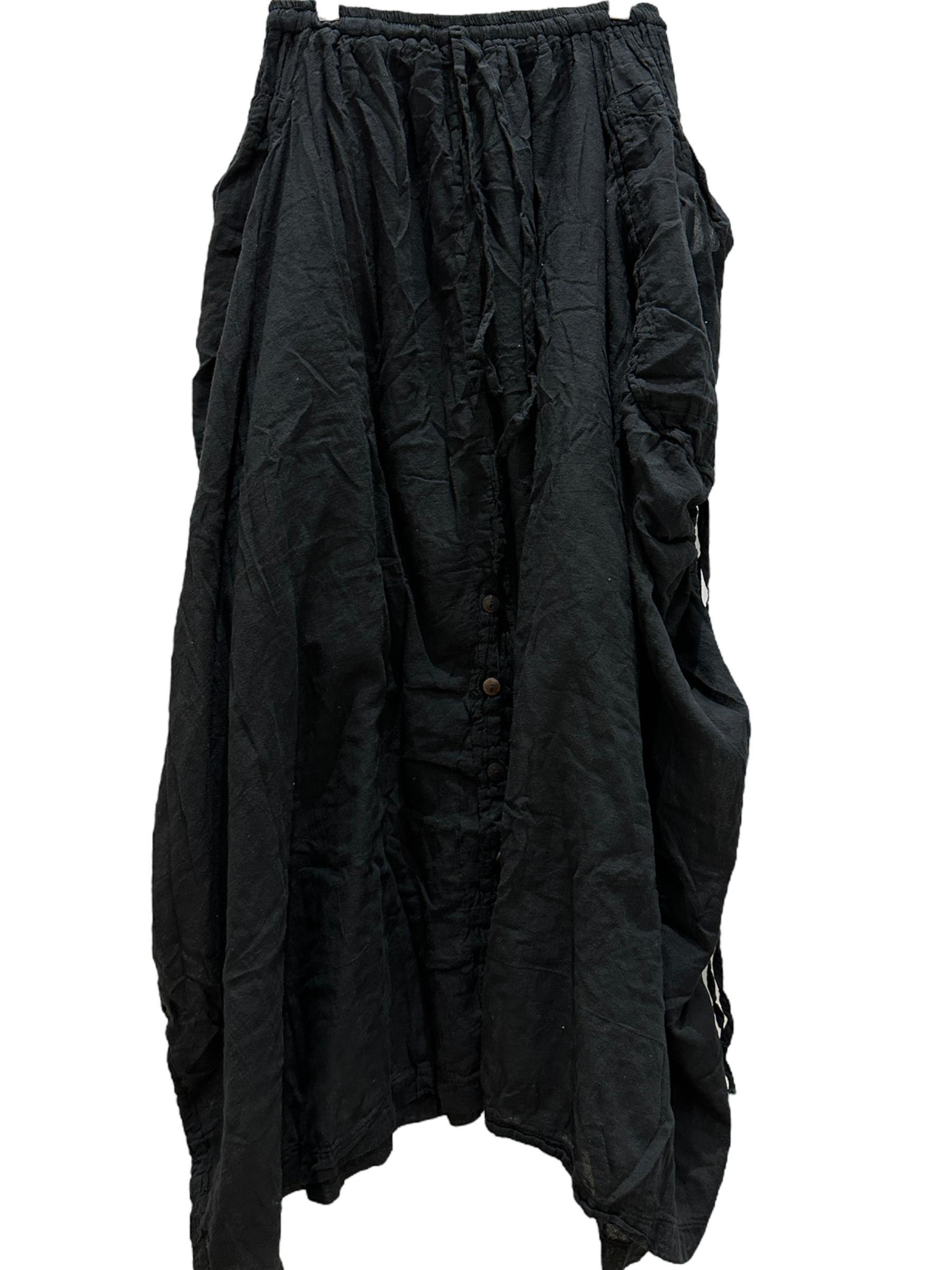 Black Cotton Voile Tashi Versatile Pants/Skirt by Creative Design – Handmade ethical Pants/Skirt from sariKNOTsari using upcycled silk. Designed in Canada for travel and slow fashion, loved from Toronto to LA to Sydney. Featuring Zsiska, Bryn Walker and Artisan Leather coats by Rejean Pepin, Pepin designs