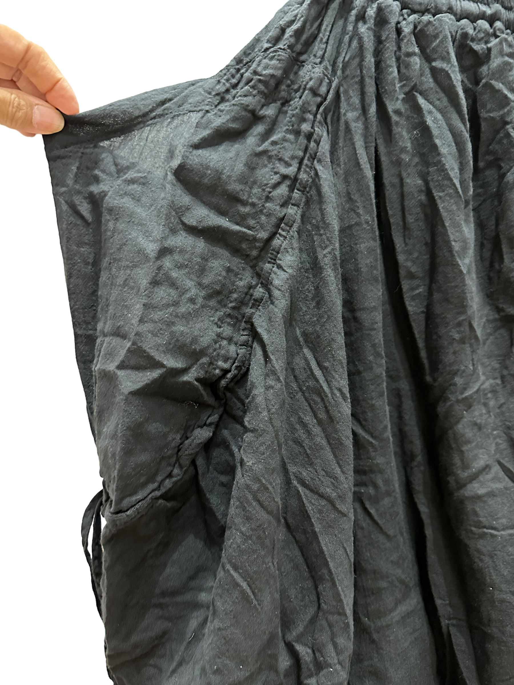 Black Cotton Voile Tashi Versatile Pants/Skirt by Creative Design – Handmade ethical Pants/Skirt from sariKNOTsari using upcycled silk. Designed in Canada for travel and slow fashion, loved from Toronto to LA to Sydney. Featuring Zsiska, Bryn Walker and Artisan Leather coats by Rejean Pepin, Pepin designs