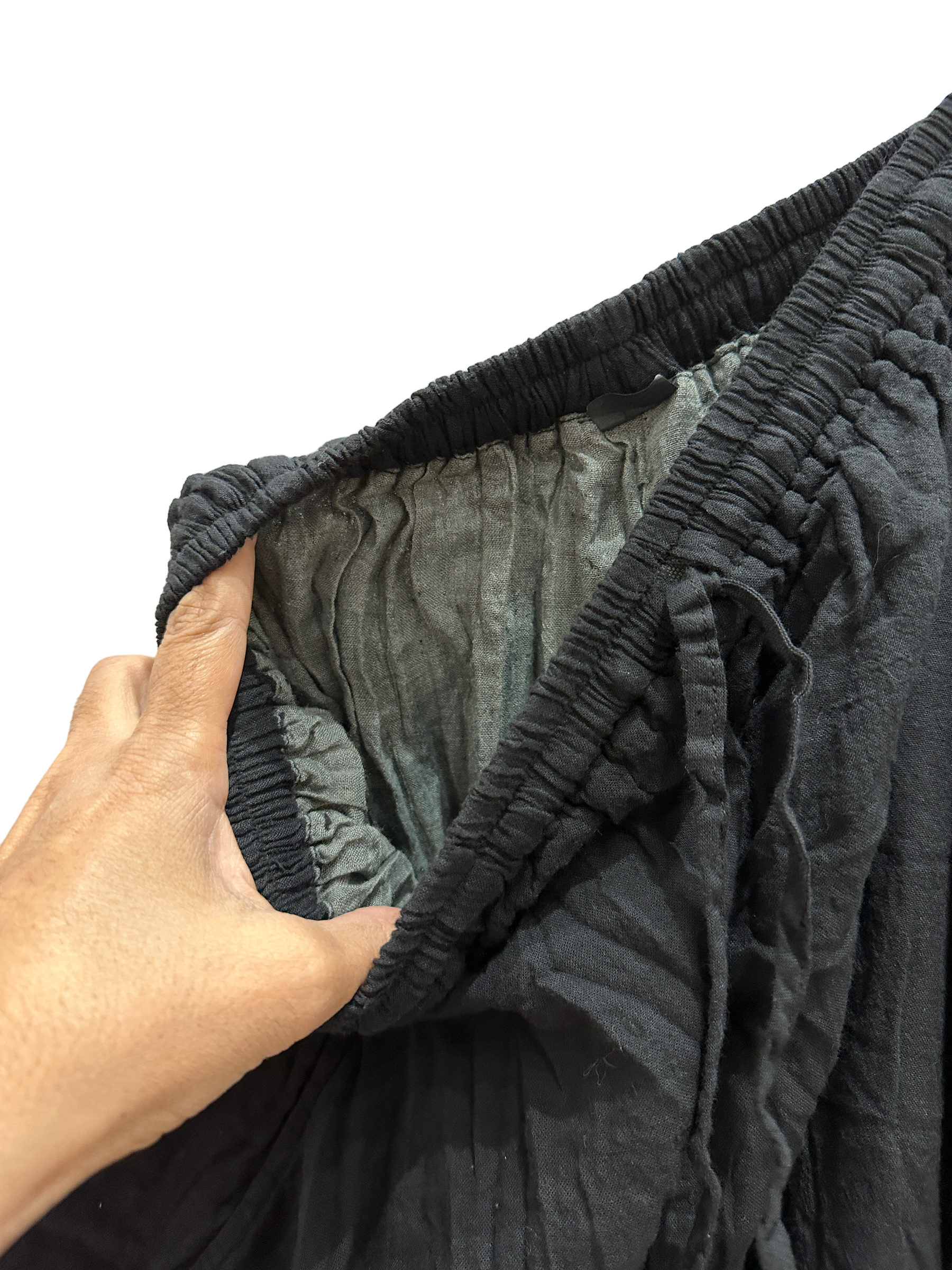 Black Cotton Voile Tashi Versatile Pants/Skirt by Creative Design – Handmade ethical Pants/Skirt from sariKNOTsari using upcycled silk. Designed in Canada for travel and slow fashion, loved from Toronto to LA to Sydney. Featuring Zsiska, Bryn Walker and Artisan Leather coats by Rejean Pepin, Pepin designs