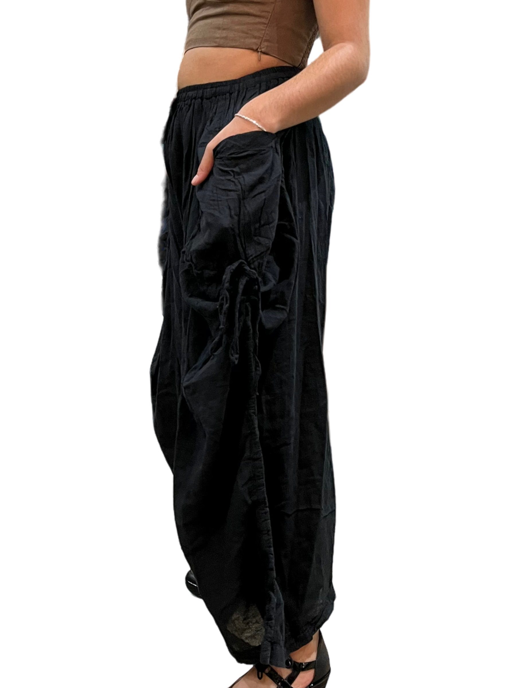 Black Cotton Voile Tashi Versatile Pants/Skirt by Creative Design – Handmade ethical Pants/Skirt from sariKNOTsari using upcycled silk. Designed in Canada for travel and slow fashion, loved from Toronto to LA to Sydney. Featuring Zsiska, Bryn Walker and Artisan Leather coats by Rejean Pepin, Pepin designs