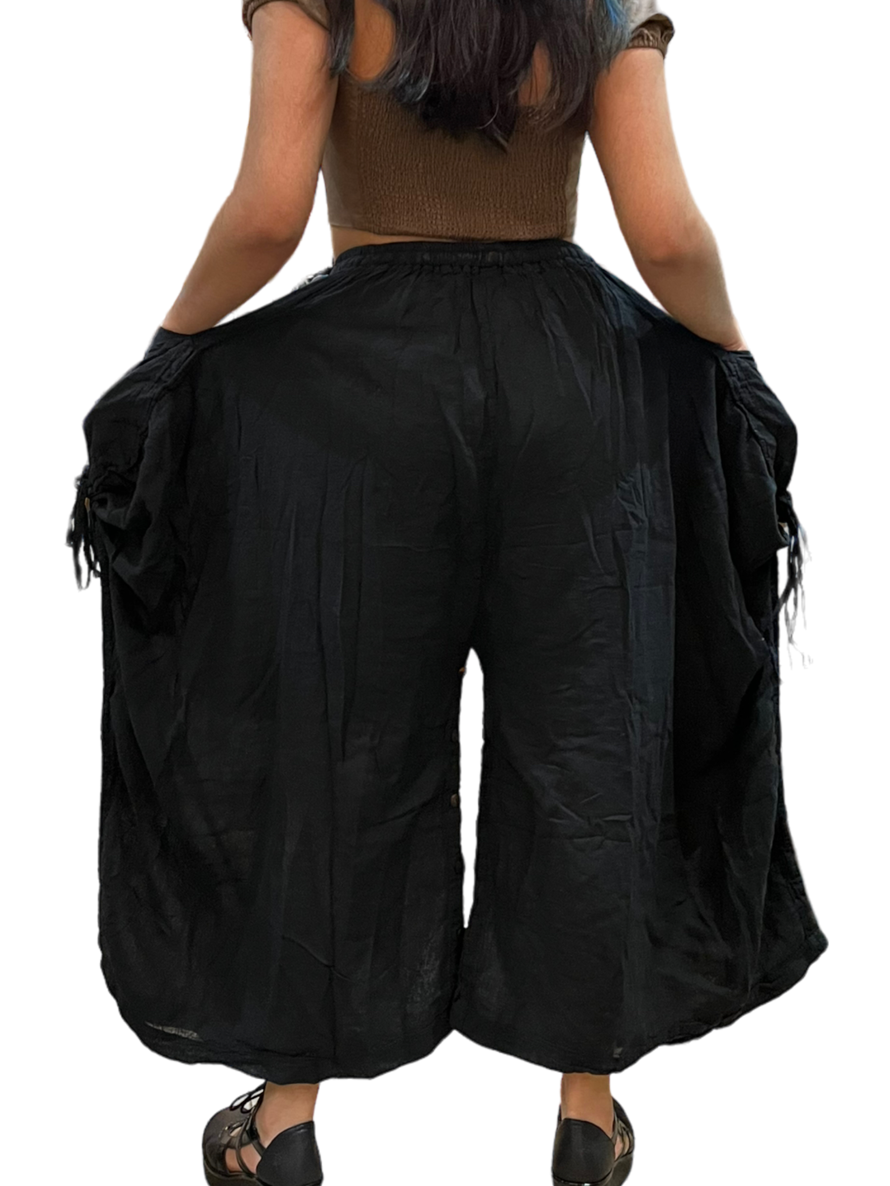 Black Cotton Voile Tashi Versatile Pants/Skirt by Creative Design – Handmade ethical Pants/Skirt from sariKNOTsari using upcycled silk. Designed in Canada for travel and slow fashion, loved from Toronto to LA to Sydney. Featuring Zsiska, Bryn Walker and Artisan Leather coats by Rejean Pepin, Pepin designs