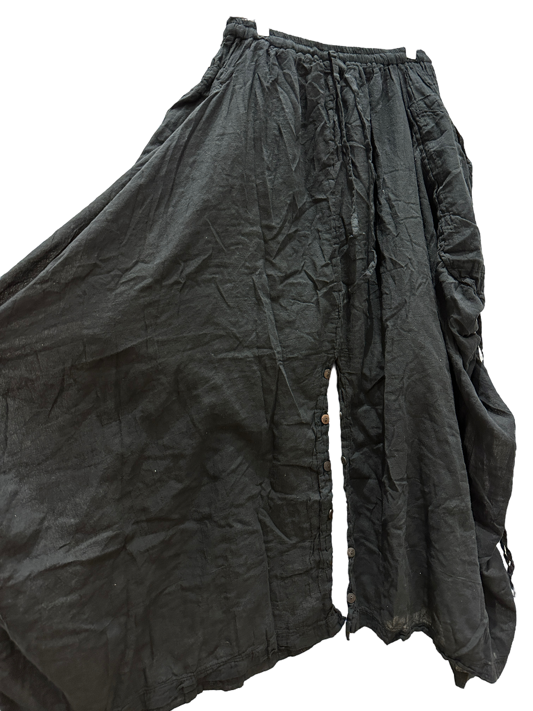 Black Cotton Voile Tashi Versatile Pants/Skirt by Creative Design – Handmade ethical Pants/Skirt from sariKNOTsari using upcycled silk. Designed in Canada for travel and slow fashion, loved from Toronto to LA to Sydney. Featuring Zsiska, Bryn Walker and Artisan Leather coats by Rejean Pepin, Pepin designs