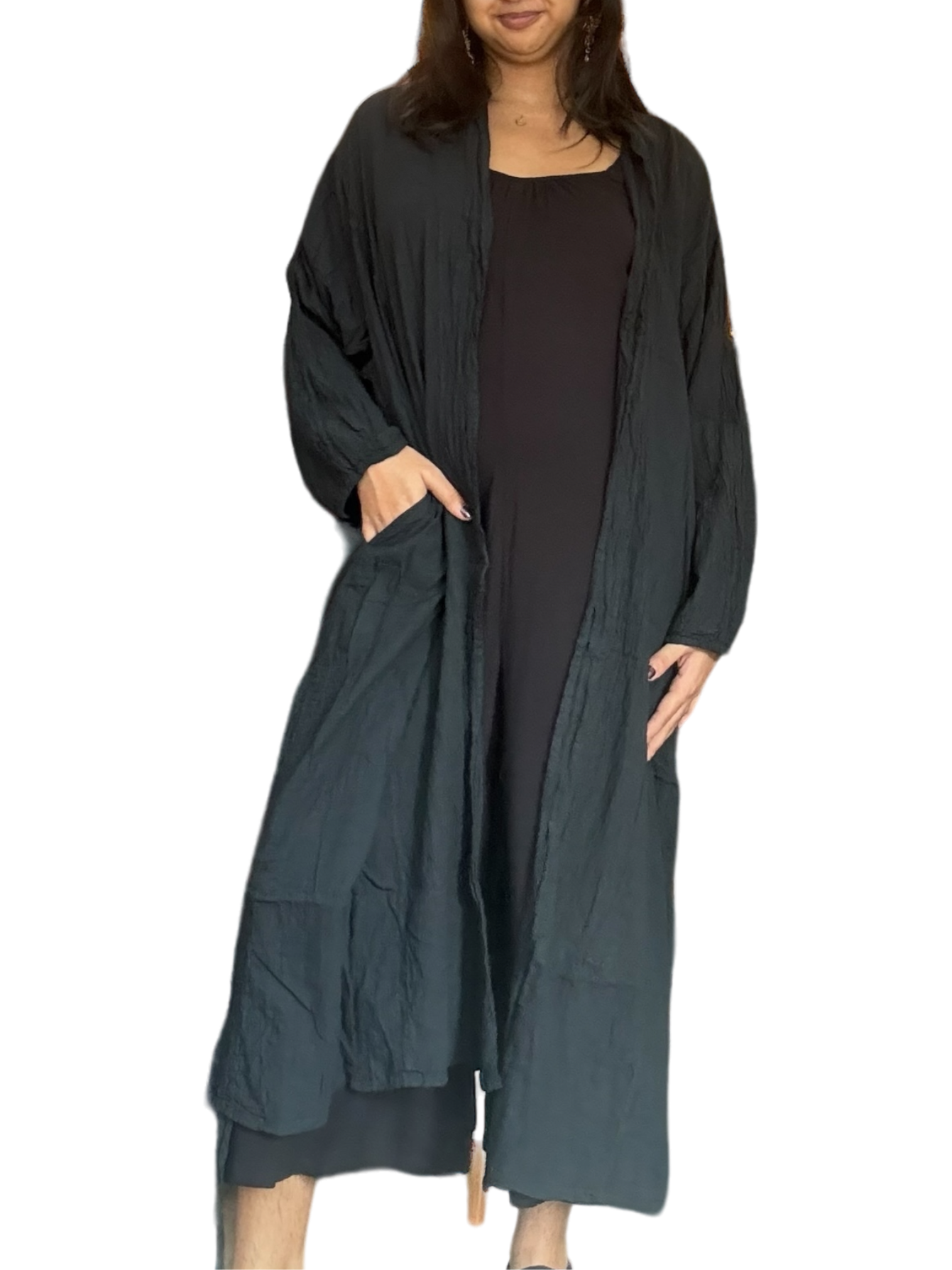 Black Cotton Voile Drawstring Cardigan