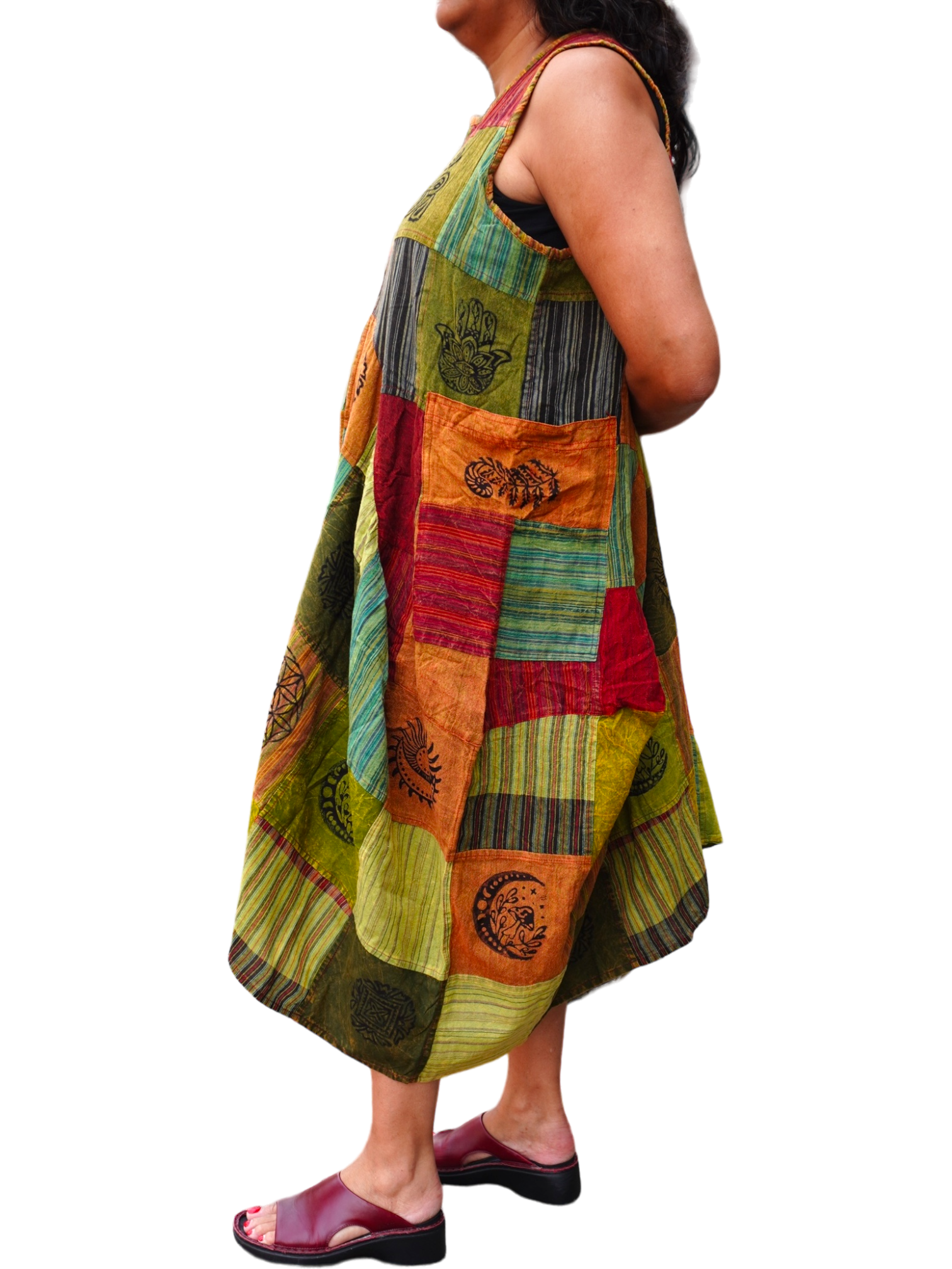 Yellow Patchwork Cotton Parachute Dress with Pockets