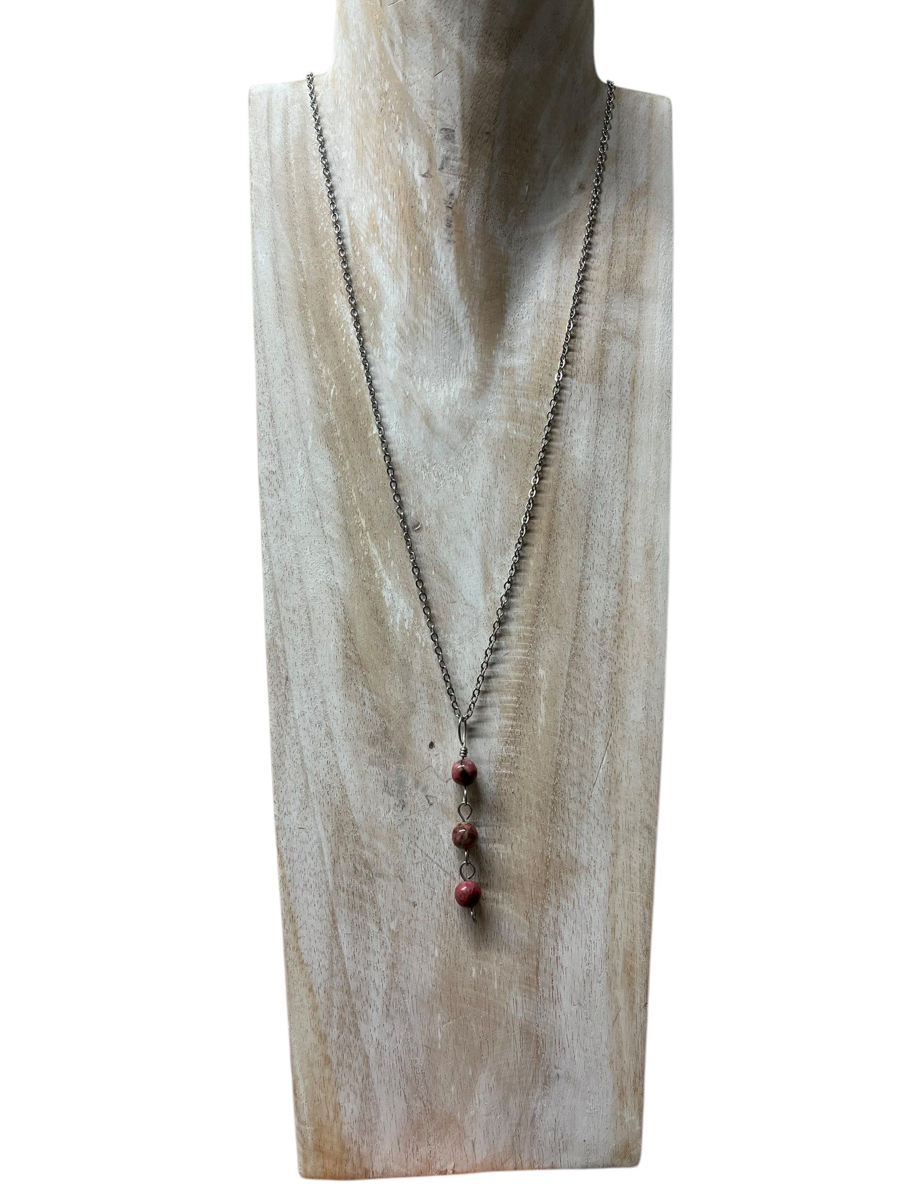 Rhodonite Crystal 3 Tier Charm Necklace - silver