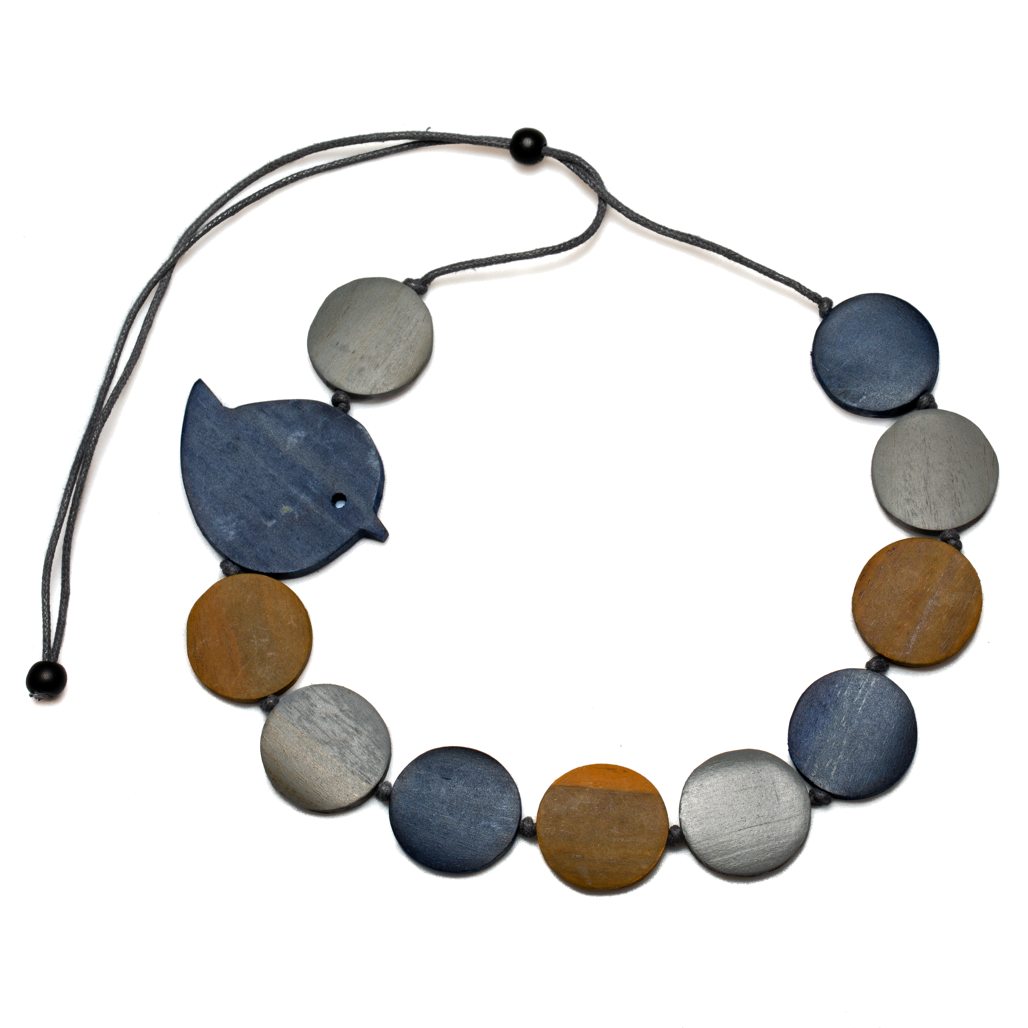 Mustard and Navy Fat Bird On Wooden Disc Necklace
