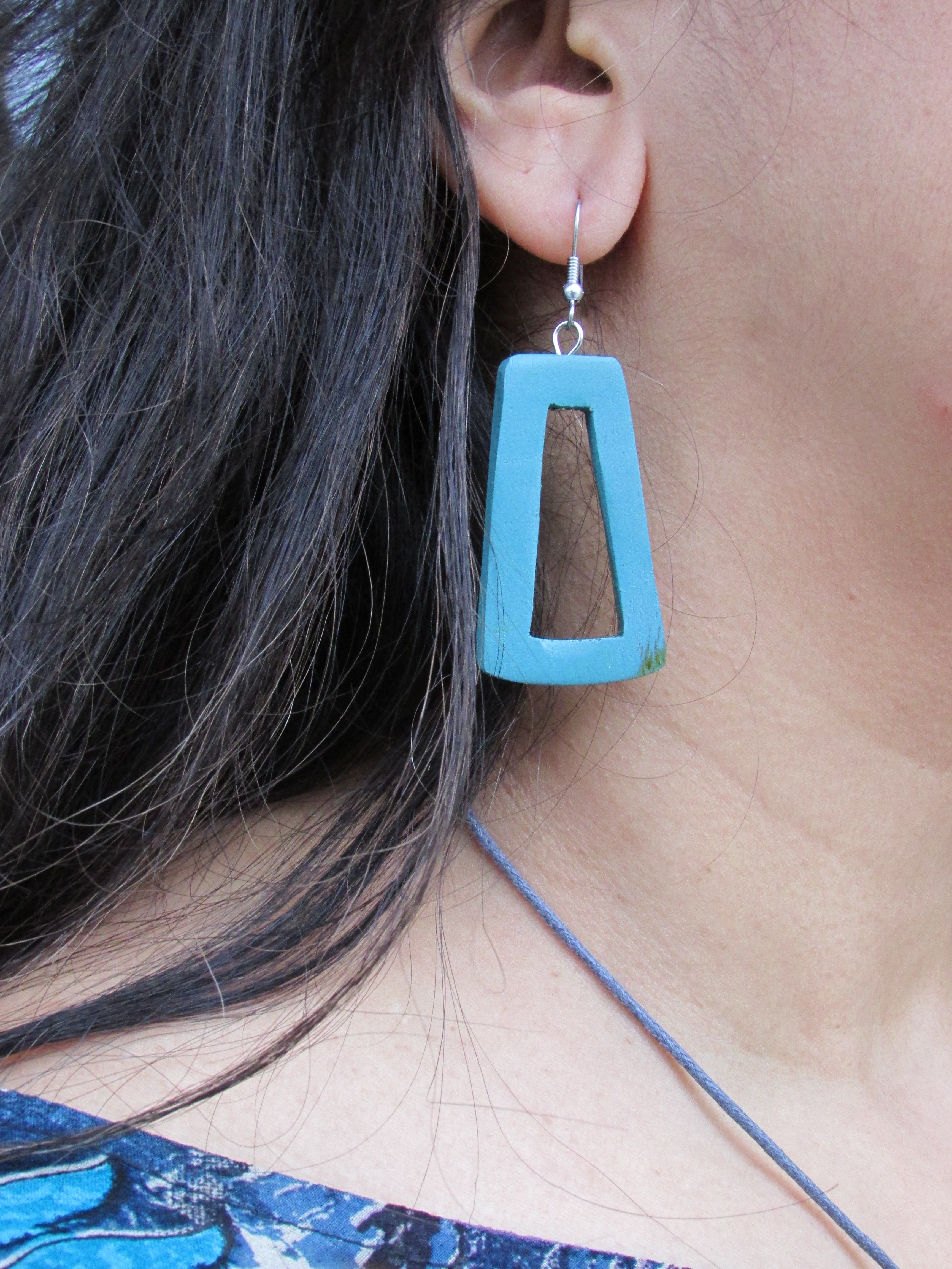 Turquoise Tinted Wood Rectangular Hoop Earring