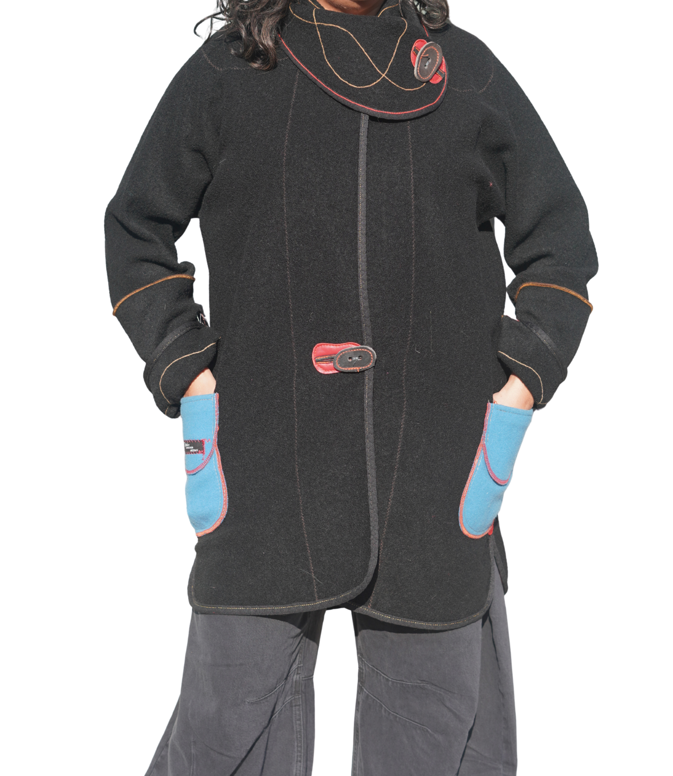 Black Boiled Wool Jacket with Blue Felt Pockets by Pepin Designs #22