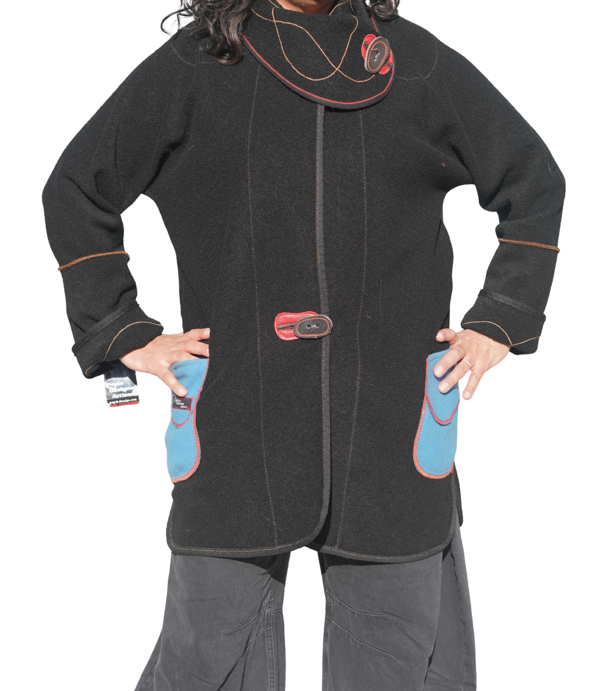 Black Boiled Wool Jacket with Blue Felt Pockets by Pepin Designs #22