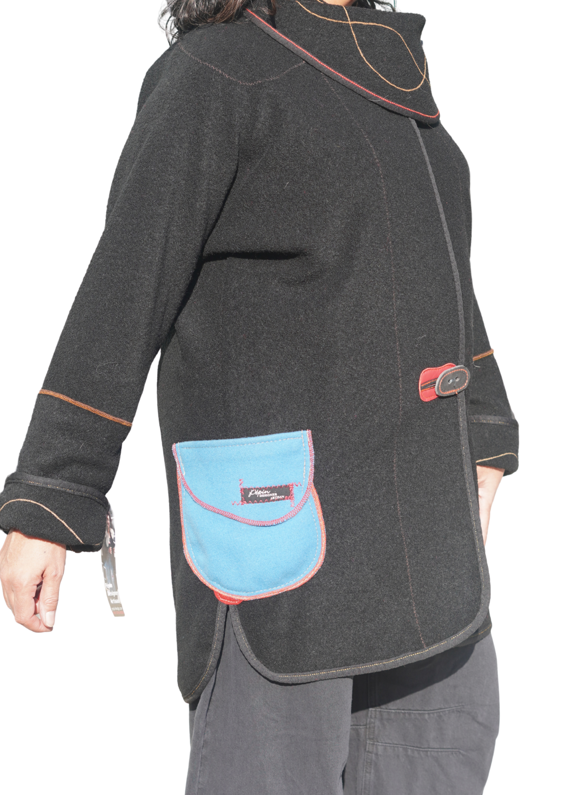 Black Boiled Wool Jacket with Blue Felt Pockets by Pepin Designs #22