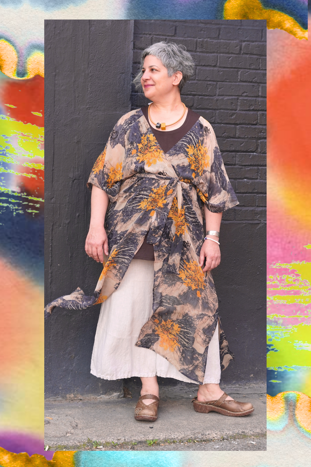 PRG9043 Sheer Wabi Sabi Pure Silk Kimono Sleeved Duster with Belt