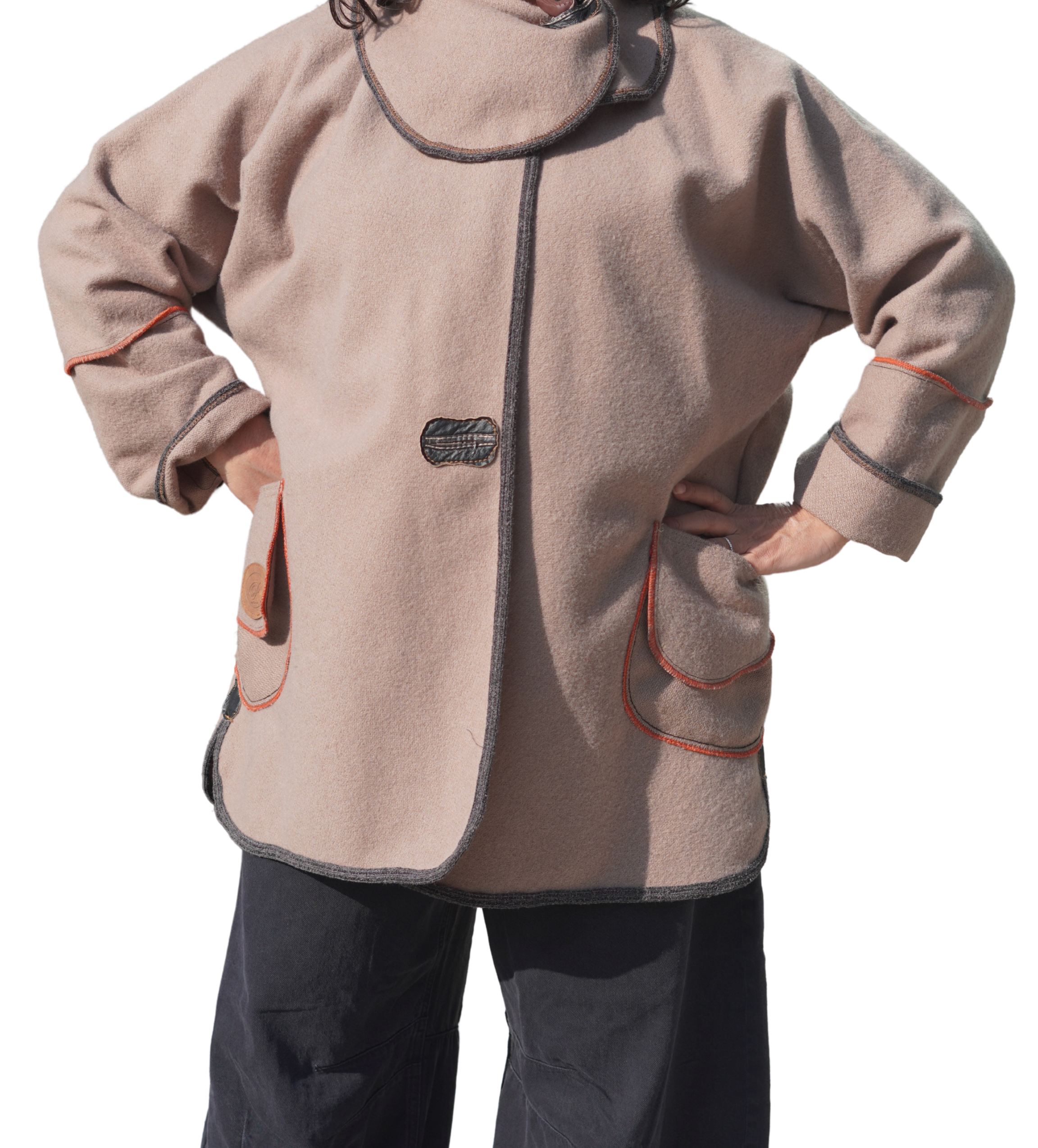 Taupe Textured Wool Coat with Orange Trim by Pepin Designs #25