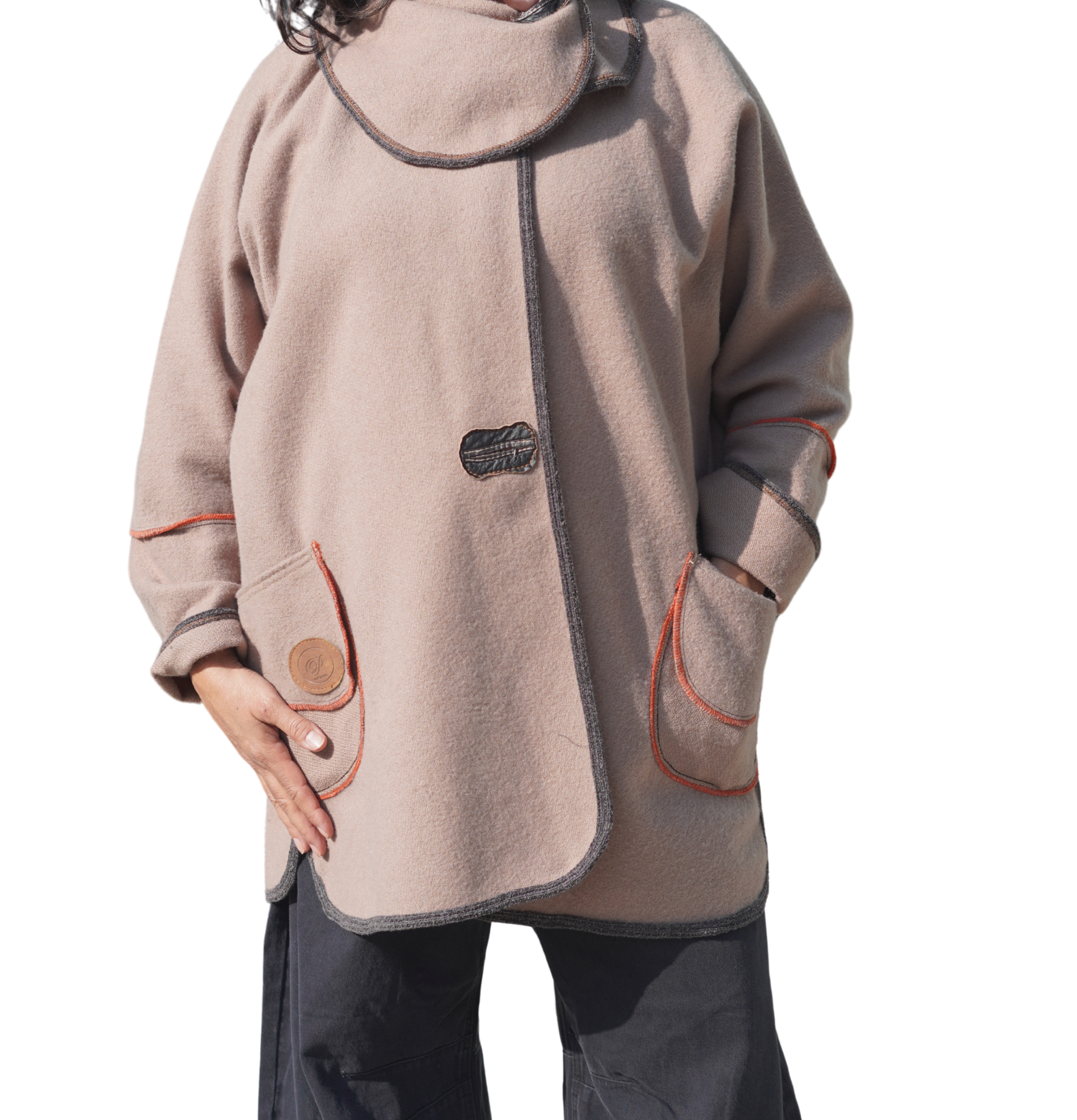 Taupe Textured Wool Coat with Orange Trim by Pepin Designs #25