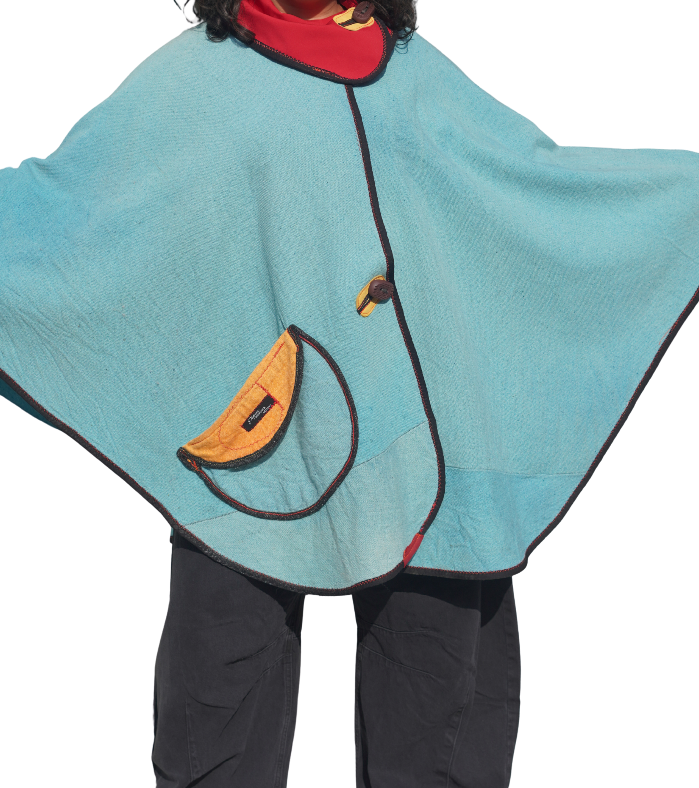 Sky Blue Wool Twill Cape with Red Performance Trim by Pepin Designs #24