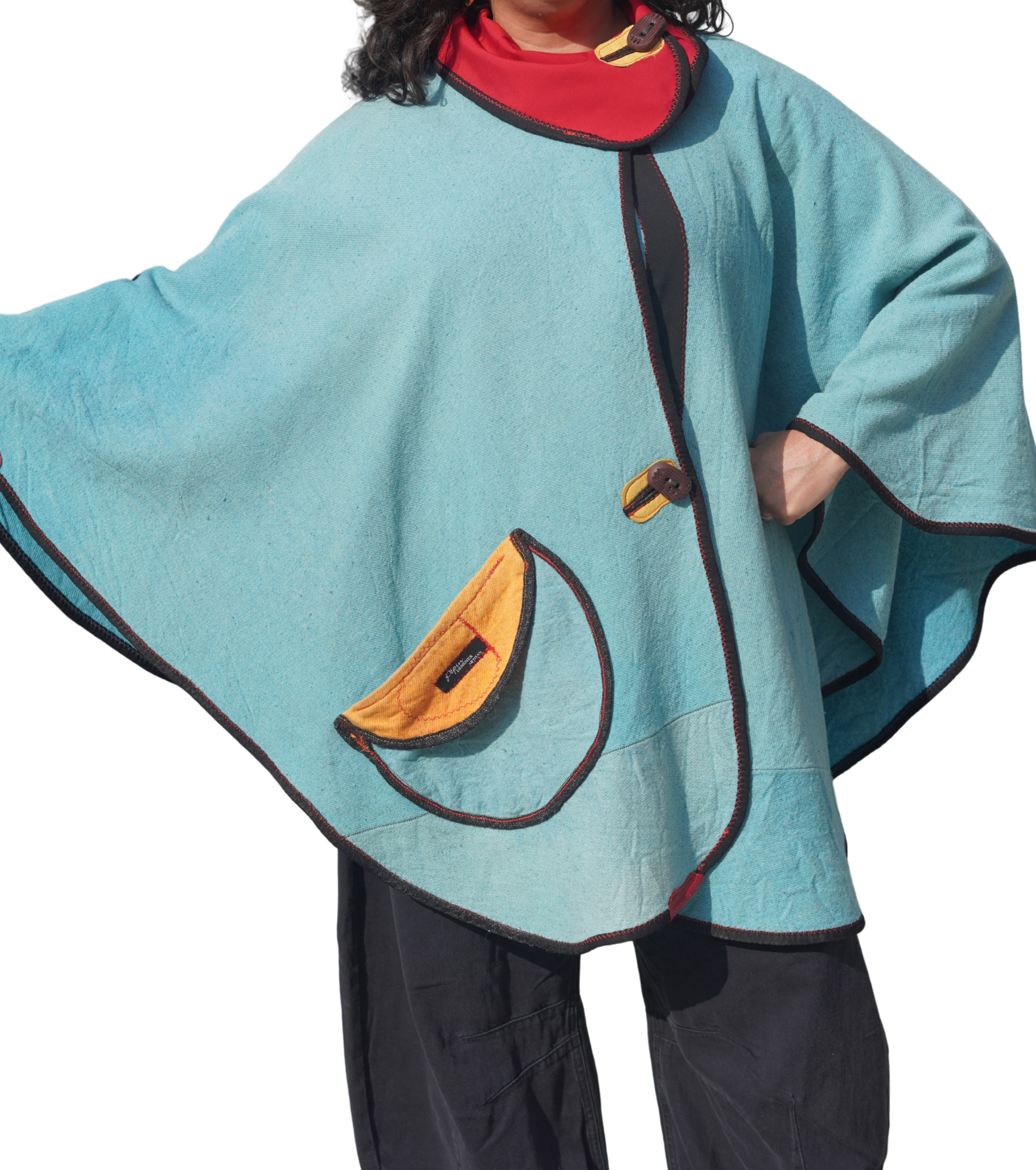 Sky Blue Wool Twill Cape with Red Performance Trim by Pepin Designs #24