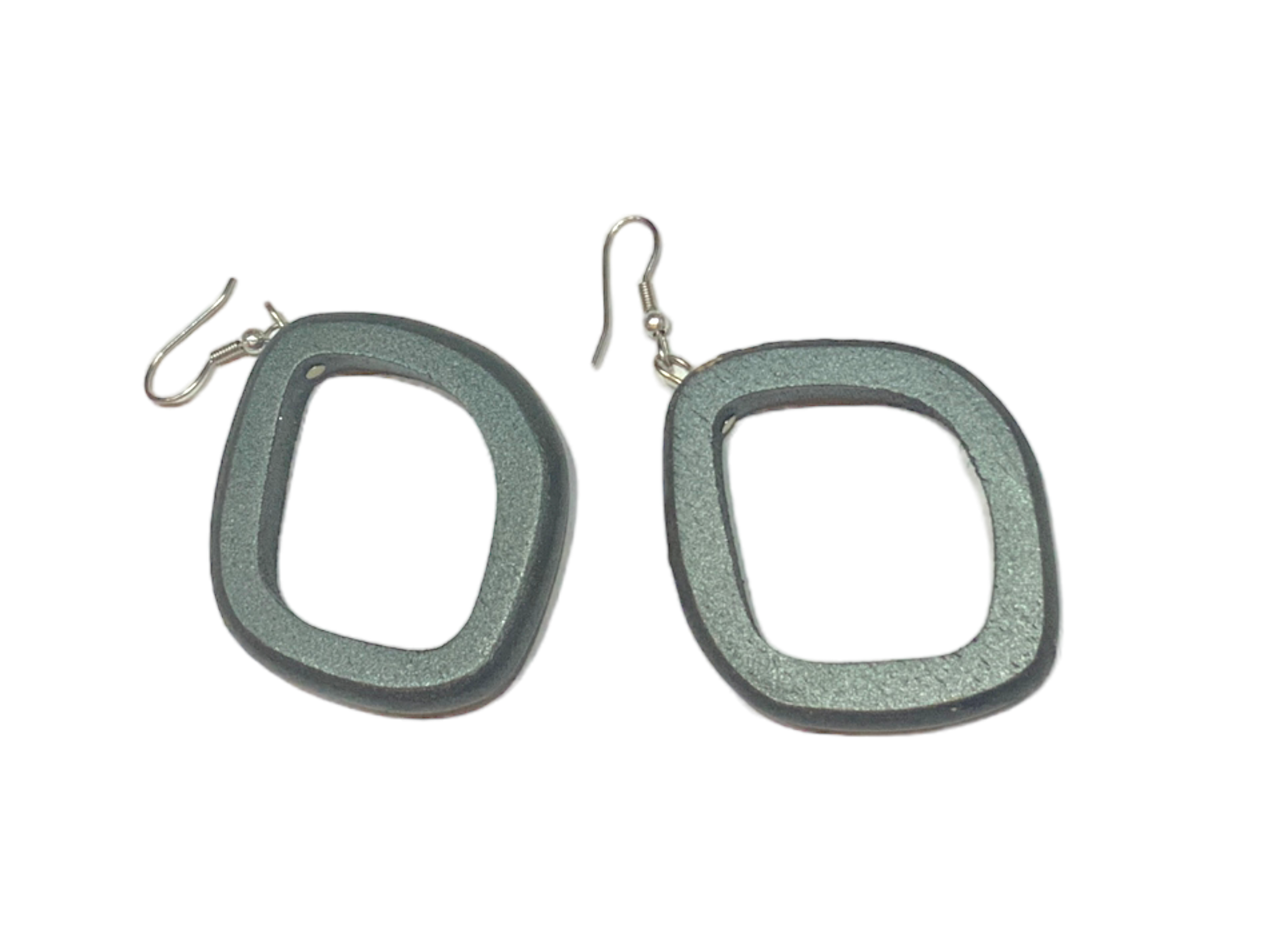 Dark Silver Wooden Ring Teak Earrings