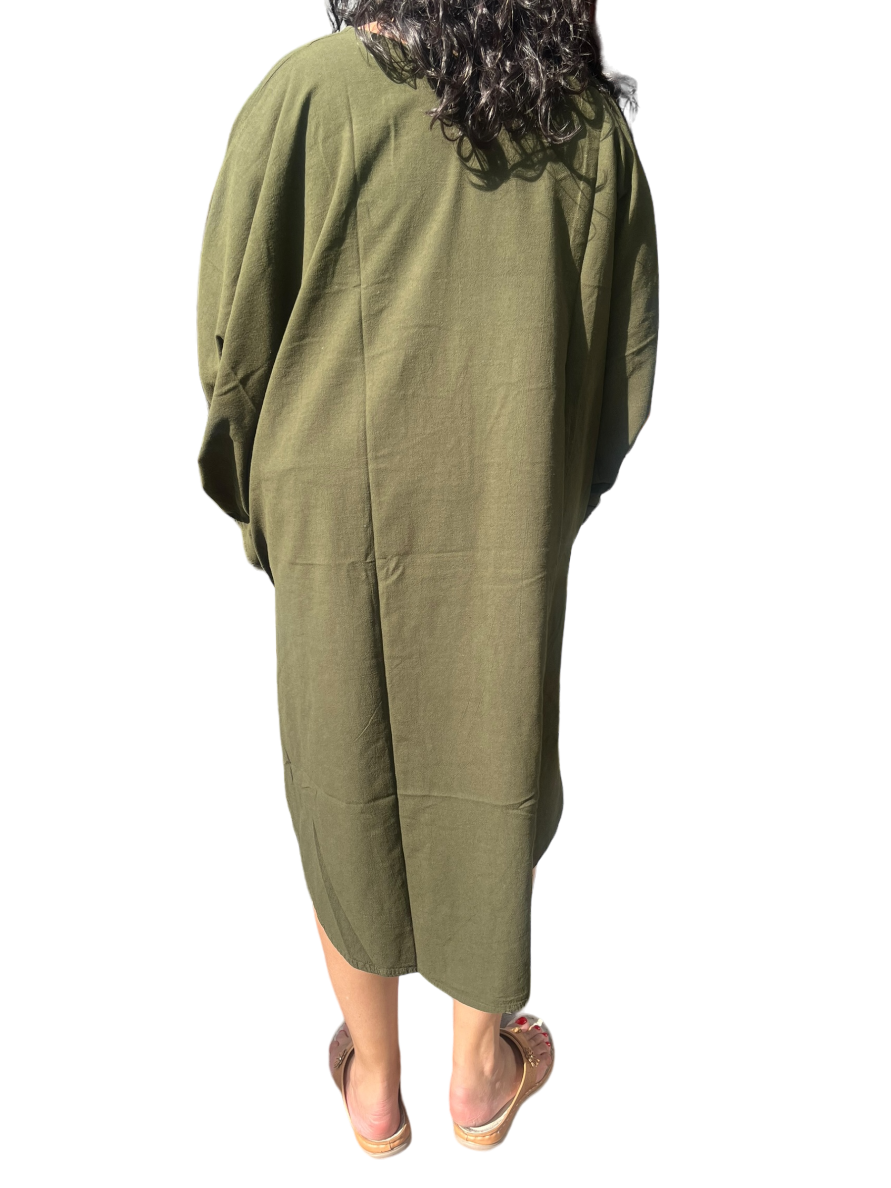 Olive Cotton Cocoon Dress with Dolman Sleeves