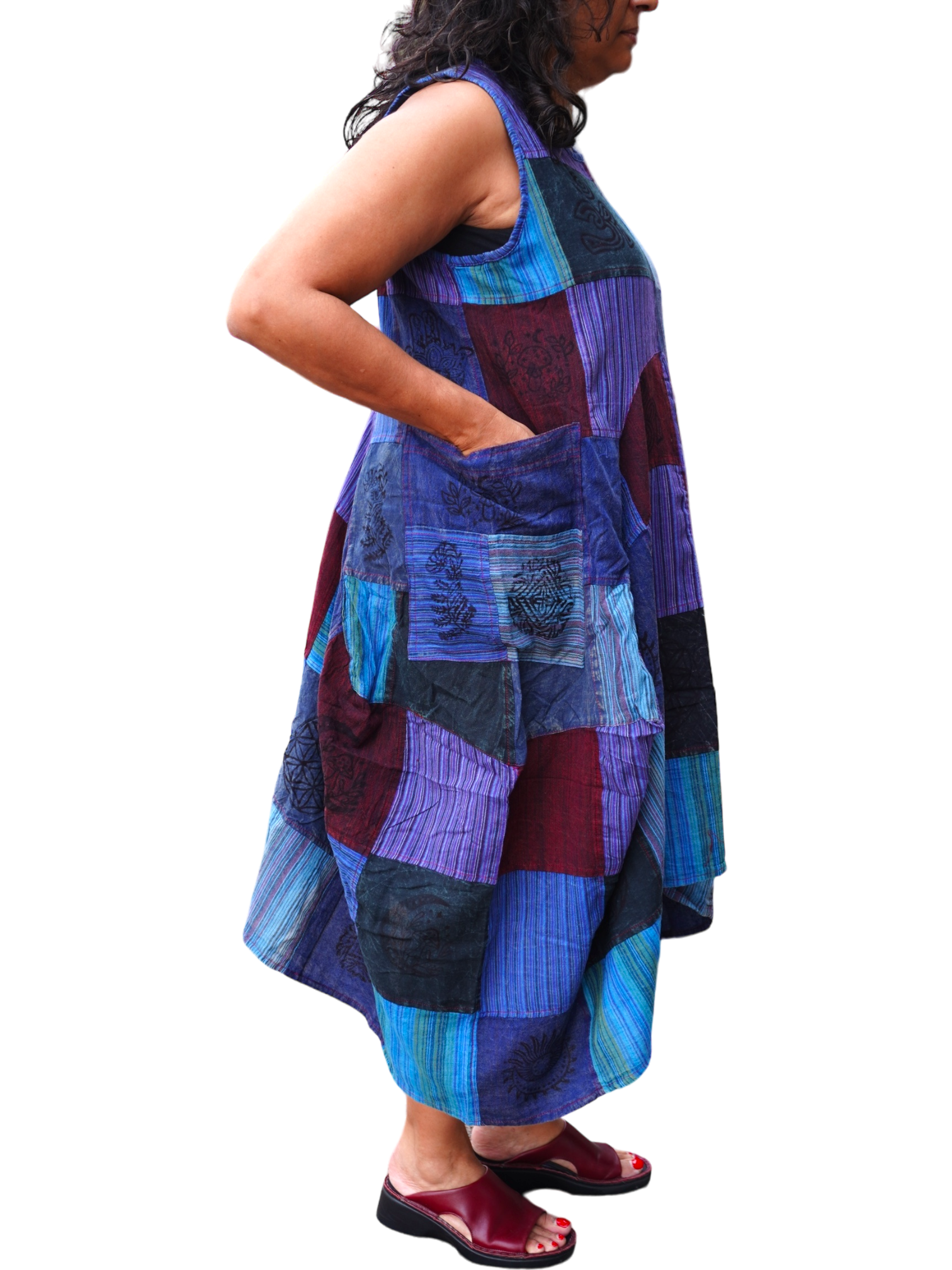 Blue Patchwork Cotton Parachute Dress with Pockets