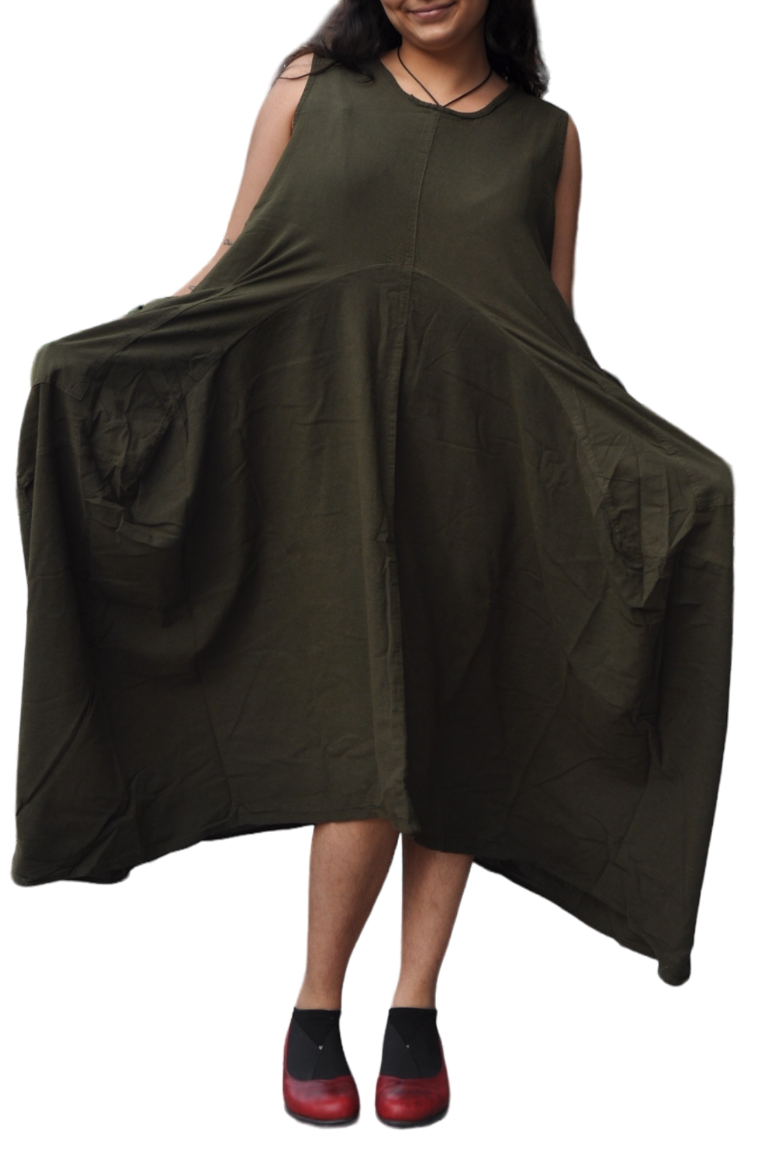Olive Cotton Parachute Dress with Pockets