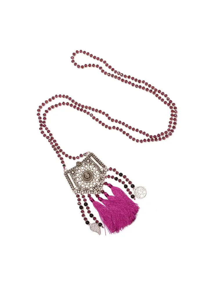 Long Crystal Purple Necklace with With Patterned Metal Pendant
