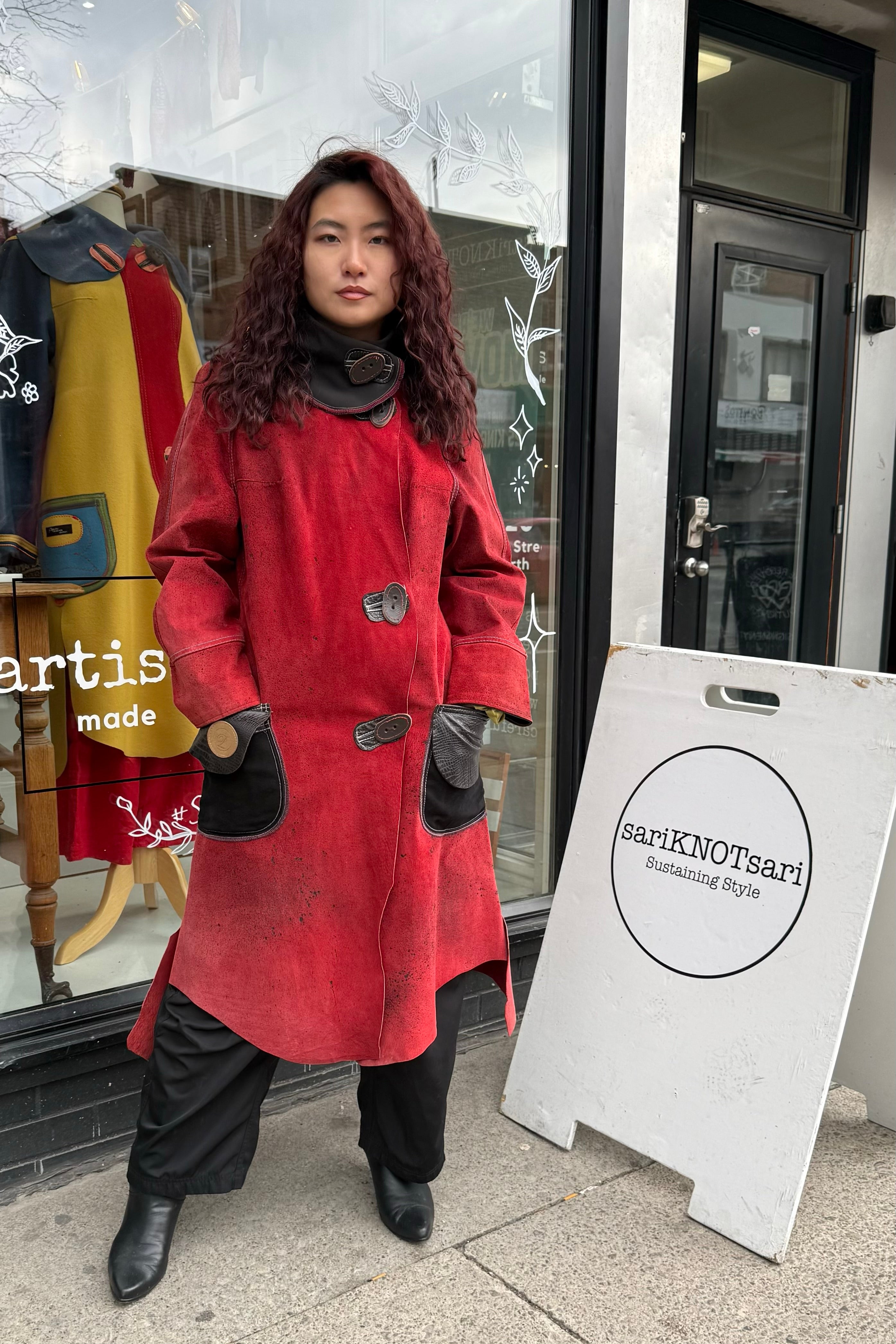 Hand-Painted Red and Black Suede 7/8 Coat by Pepin Designs #14