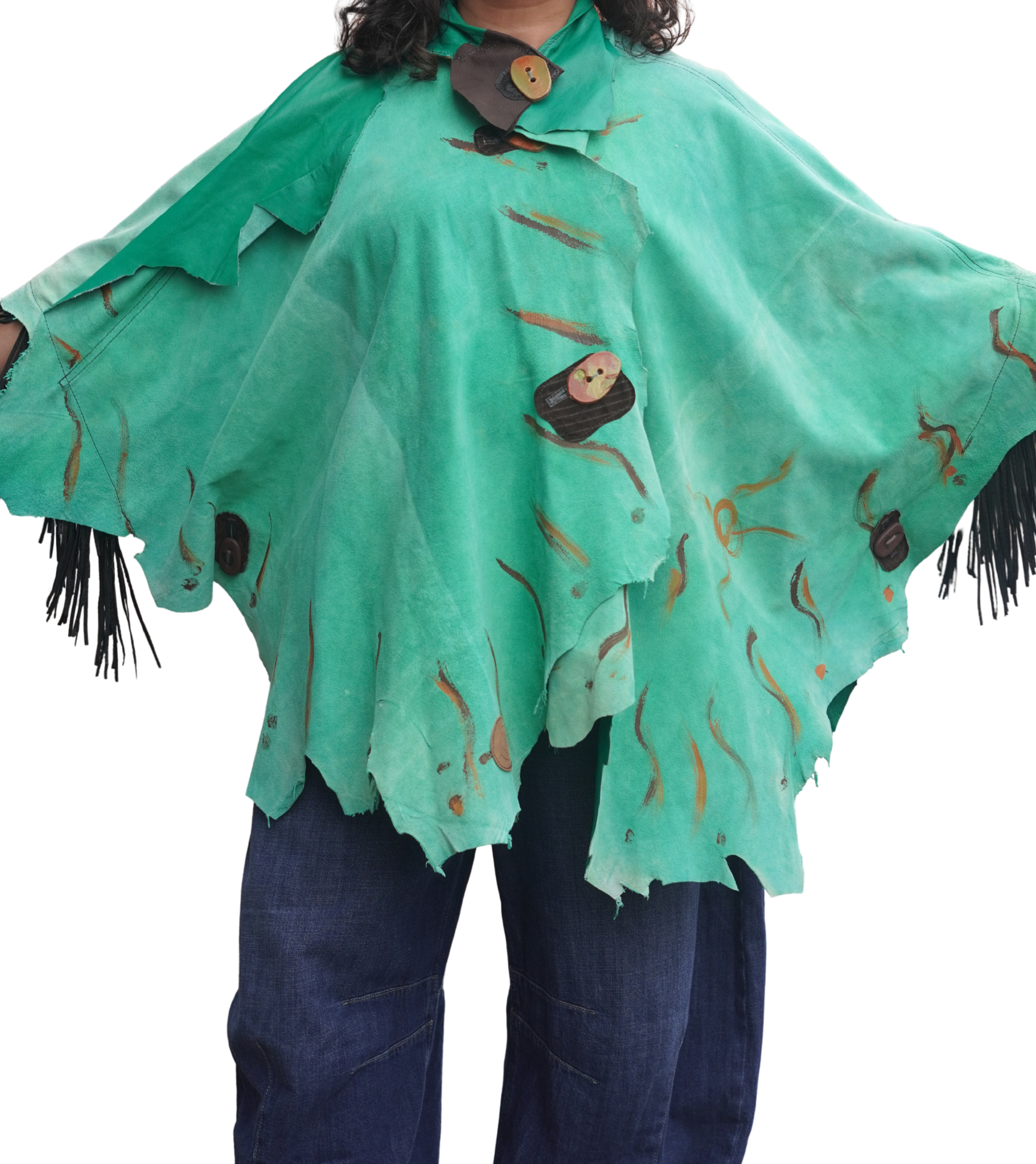 Hand-painted Lightweight Green Leather Fringed Cape by Pepin Designs