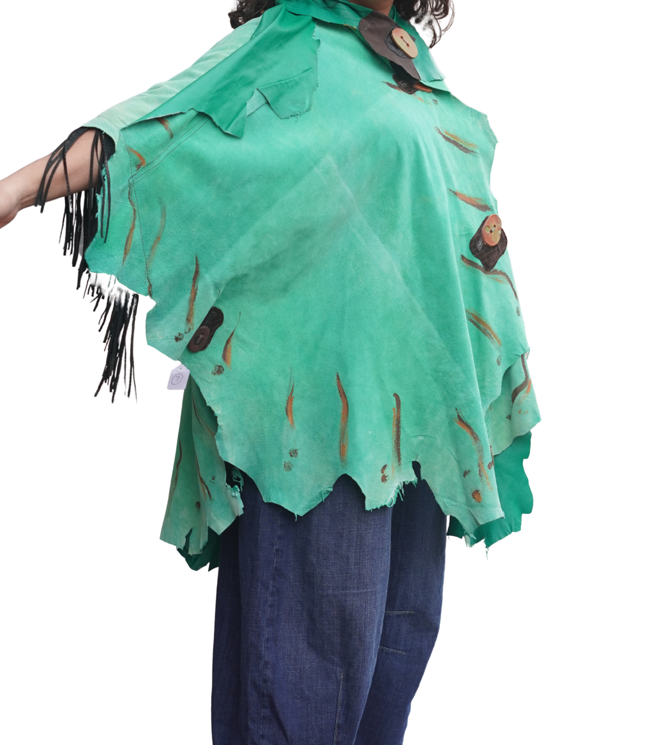 Hand-painted Lightweight Green Leather Fringed Cape by Pepin Designs