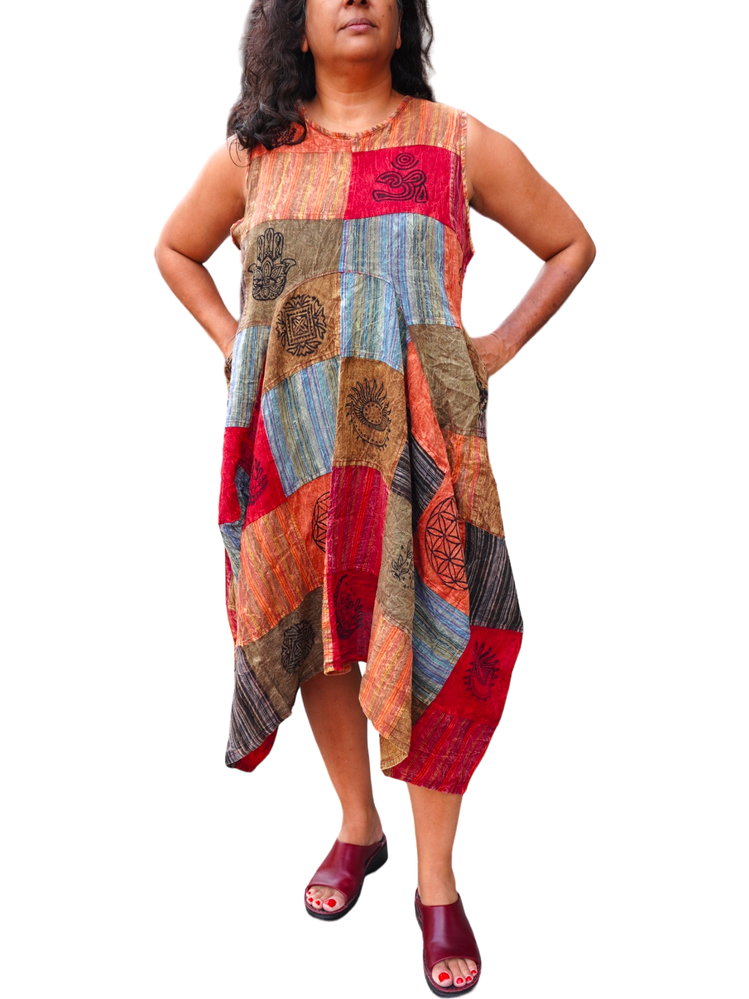 Orange Patchwork Cotton Parachute Dress with Pockets