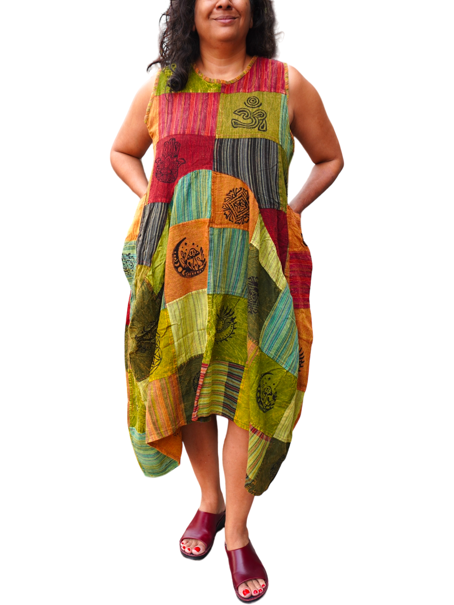 Yellow Patchwork Cotton Parachute Dress with Pockets