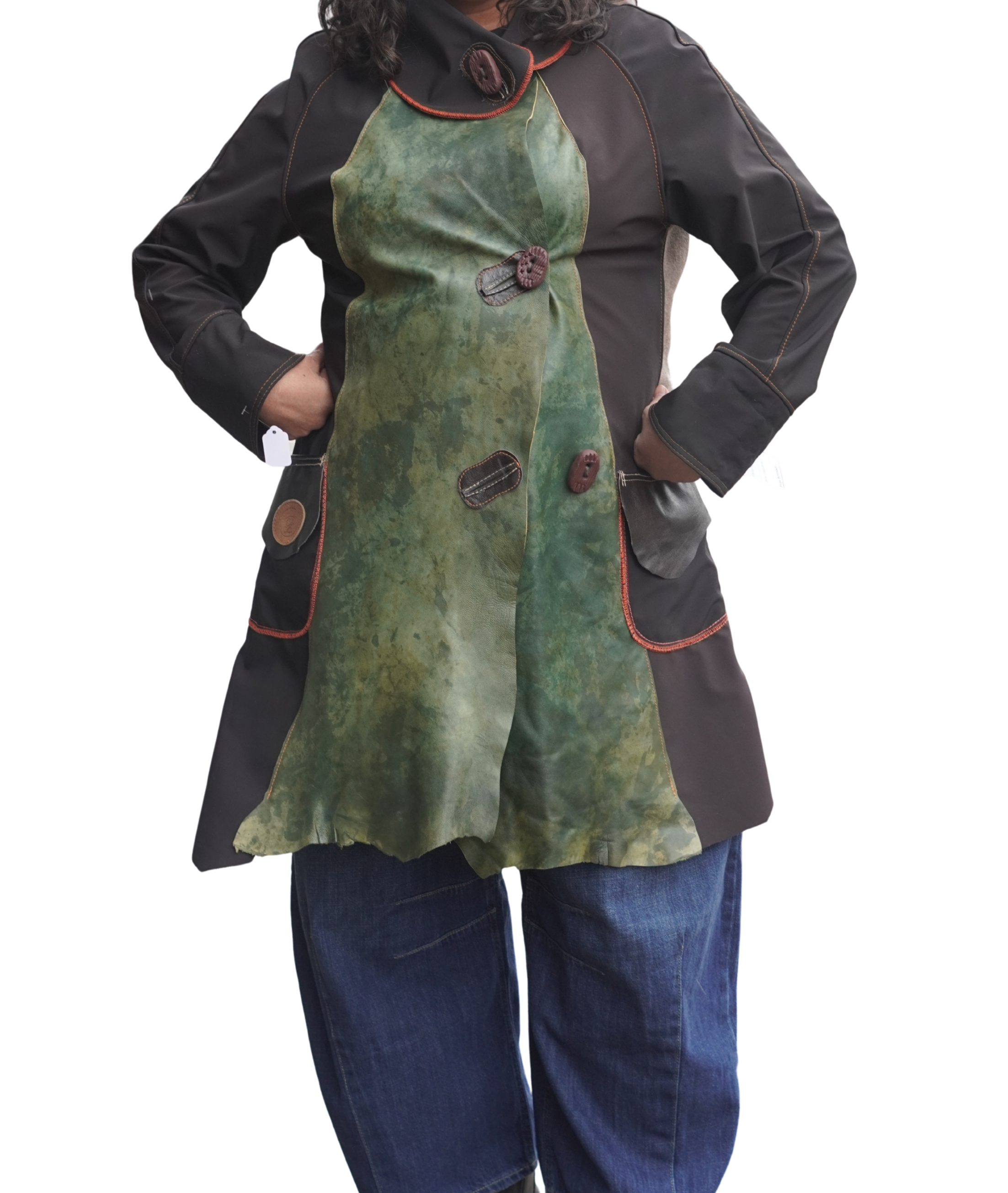 Three Quarter Length Lightweight acket with Green Leather on Grey and Beige by Pepin Designs