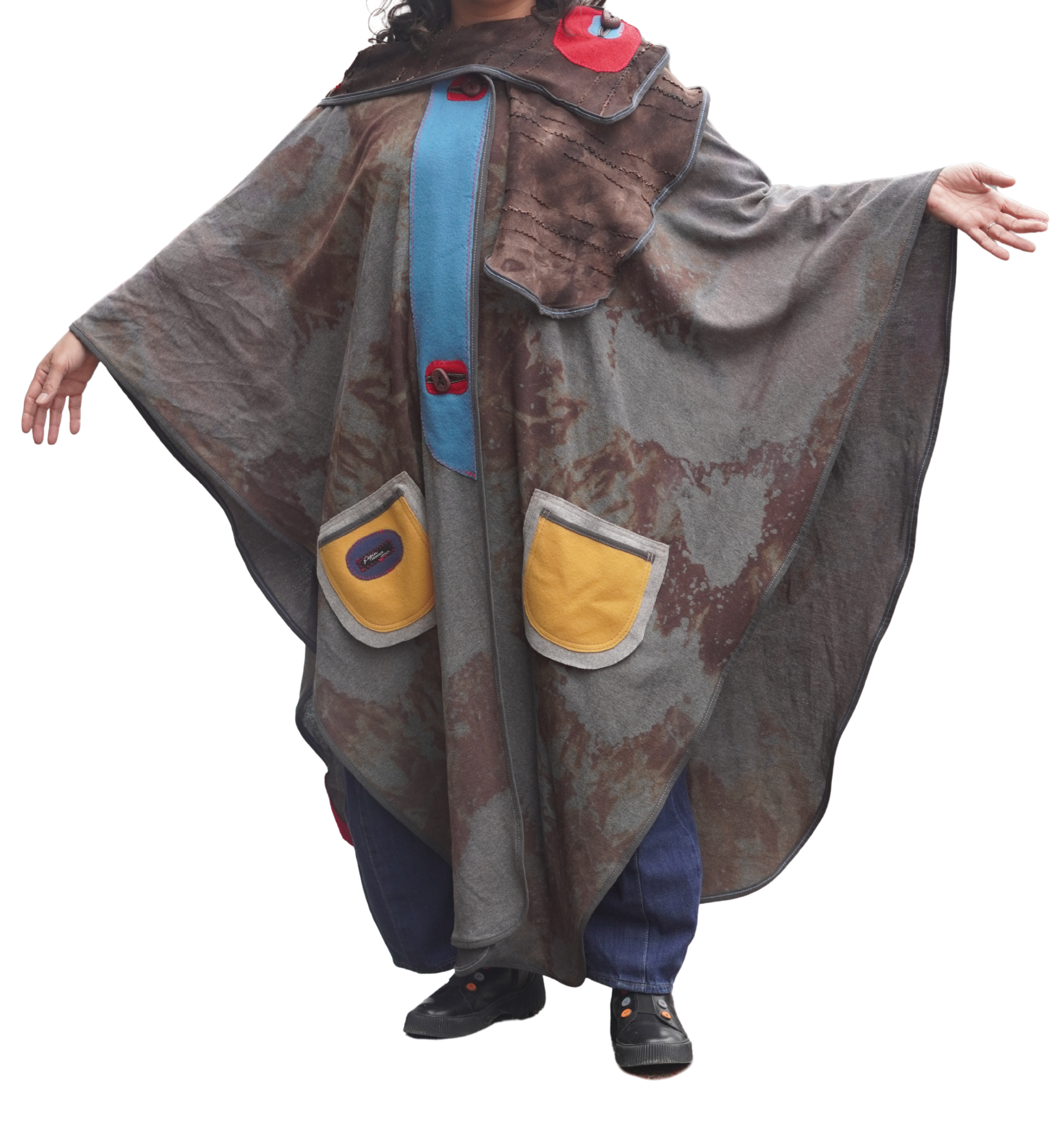 Hand-Dyed Full Length Grey and Beige Cotton Cape with Leather and Boiled Wool Detail by Pepin Designs