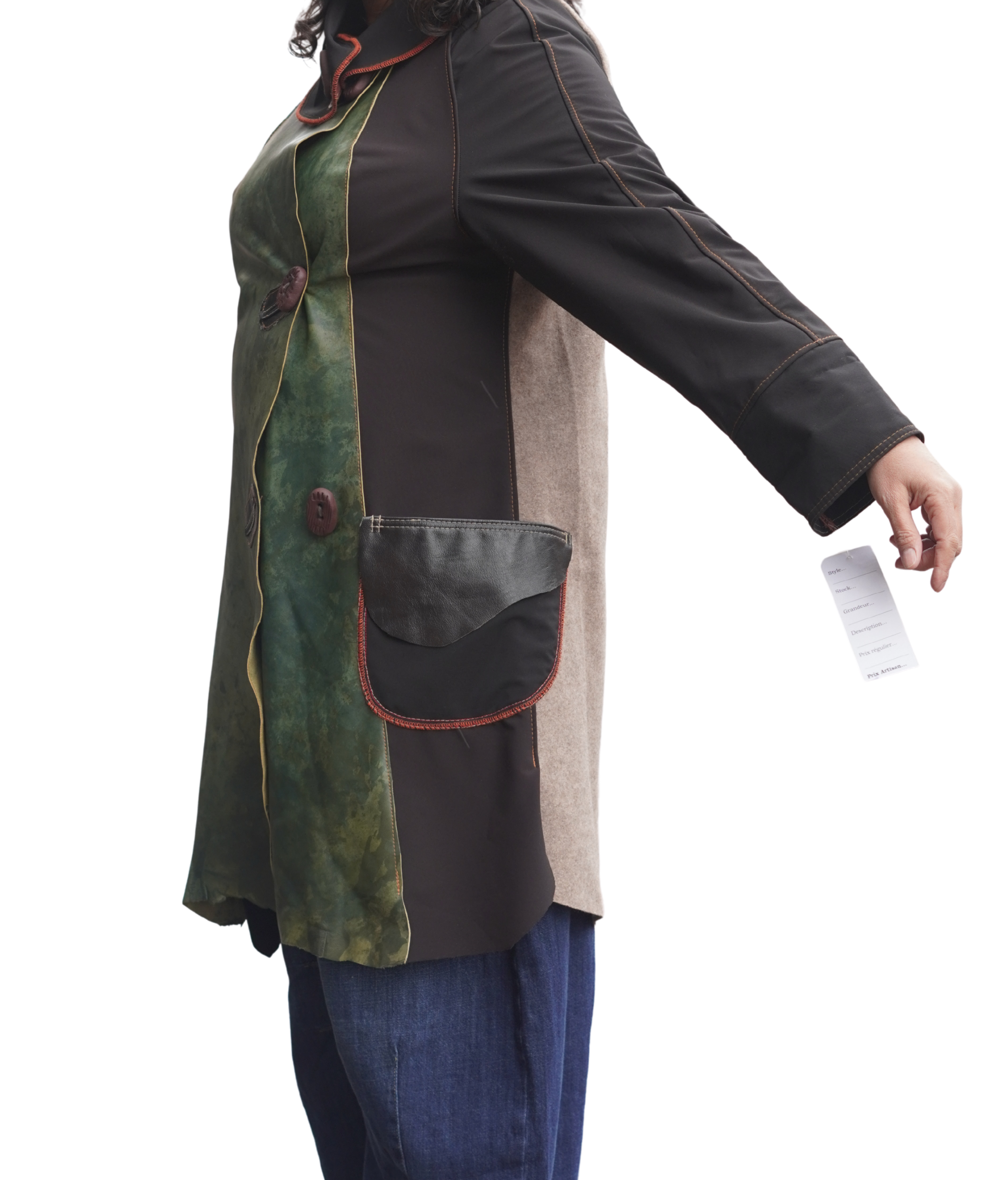 Three Quarter Length Lightweight acket with Green Leather on Grey and Beige by Pepin Designs