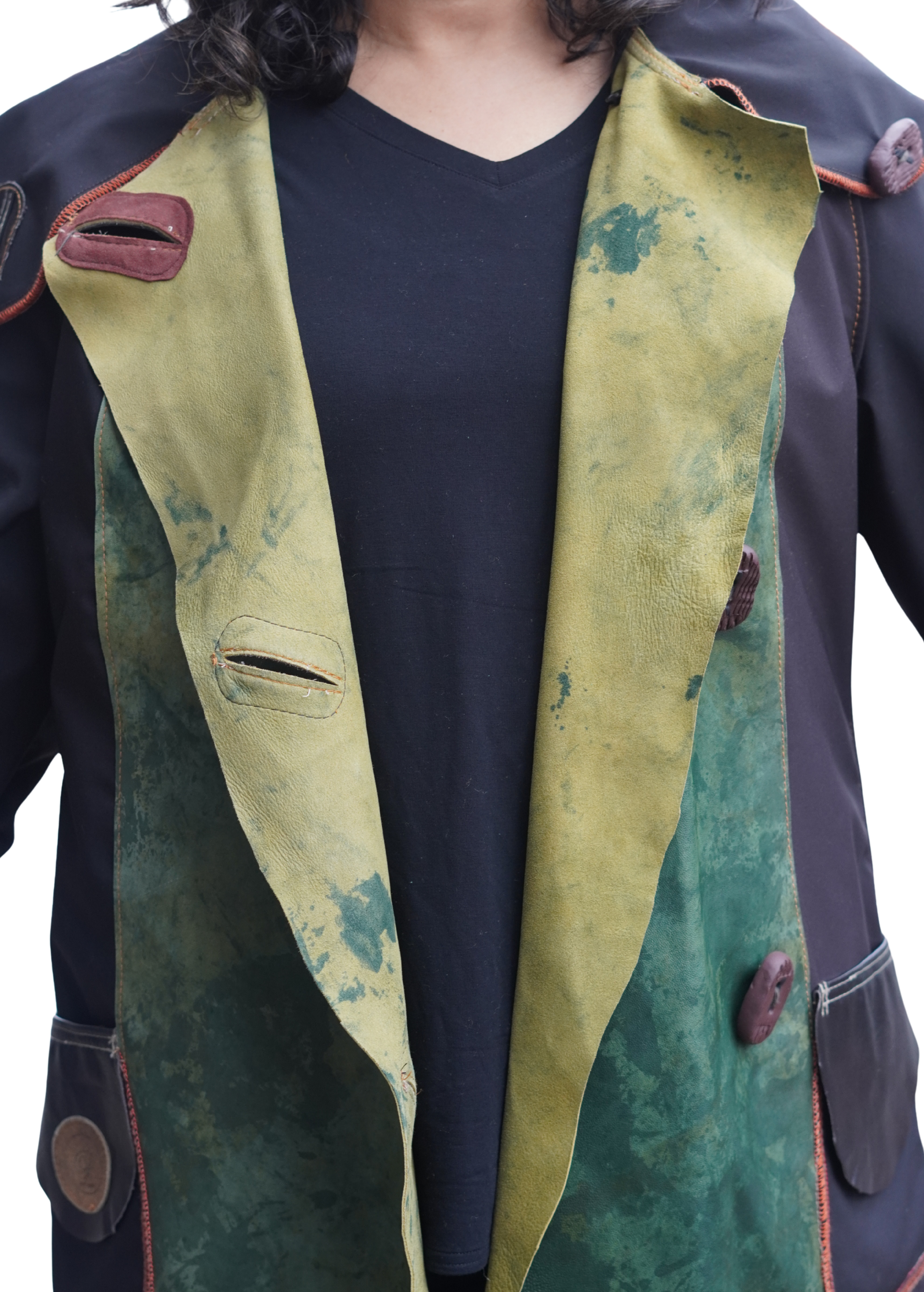 Three Quarter Length Lightweight acket with Green Leather on Grey and Beige by Pepin Designs