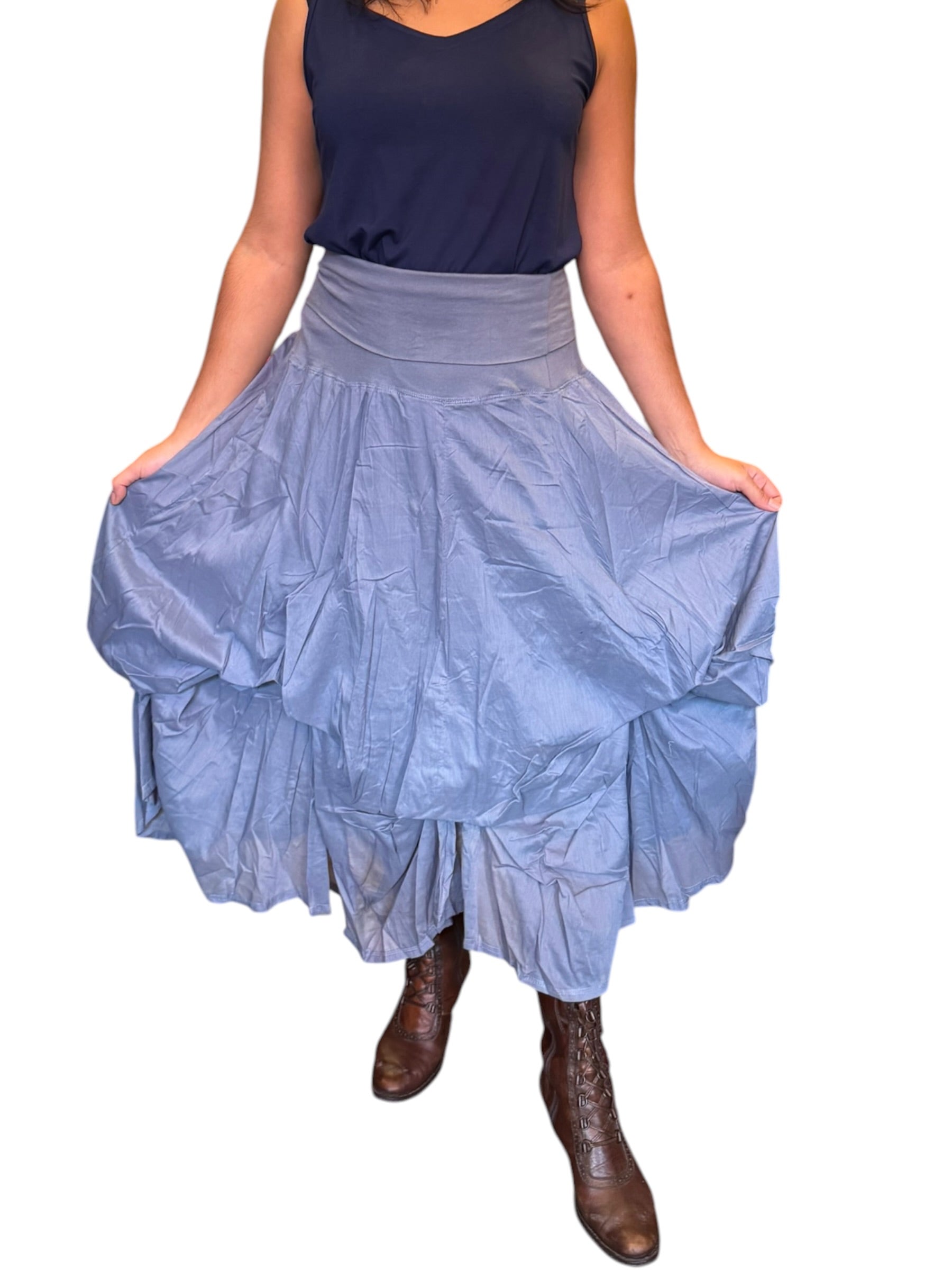 Slate Grey Gathered Bubble Cotton Voile Tiered Skirt