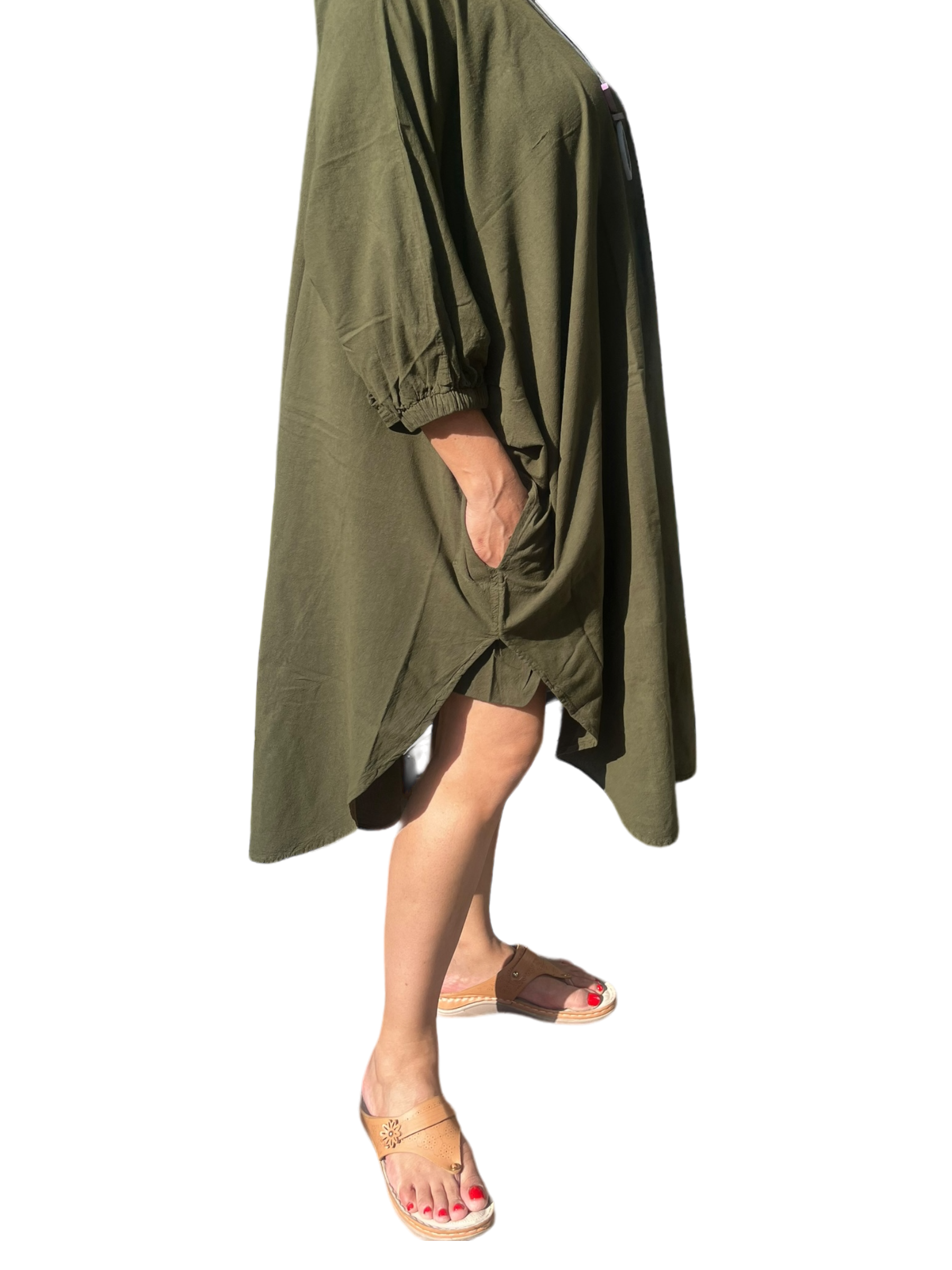 Olive Cotton Cocoon Dress with Dolman Sleeves