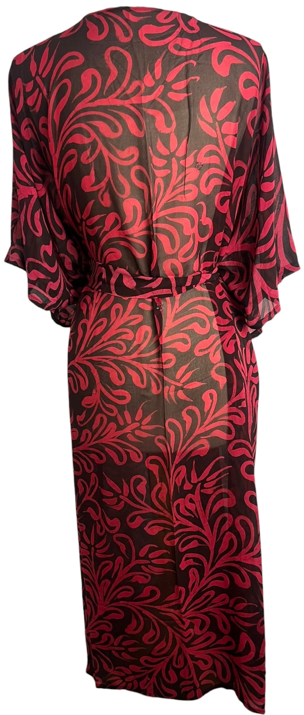 PRG8869 Sheer Avatar Long Pure Silk Kimono Sleeved Duster with Belt