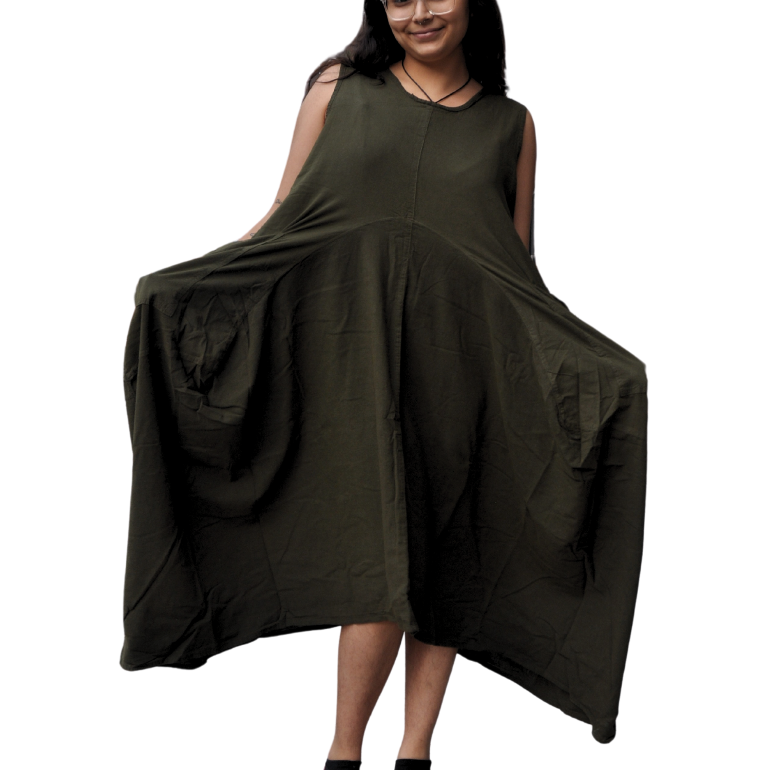 Black Cotton Parachute Dress with Pockets