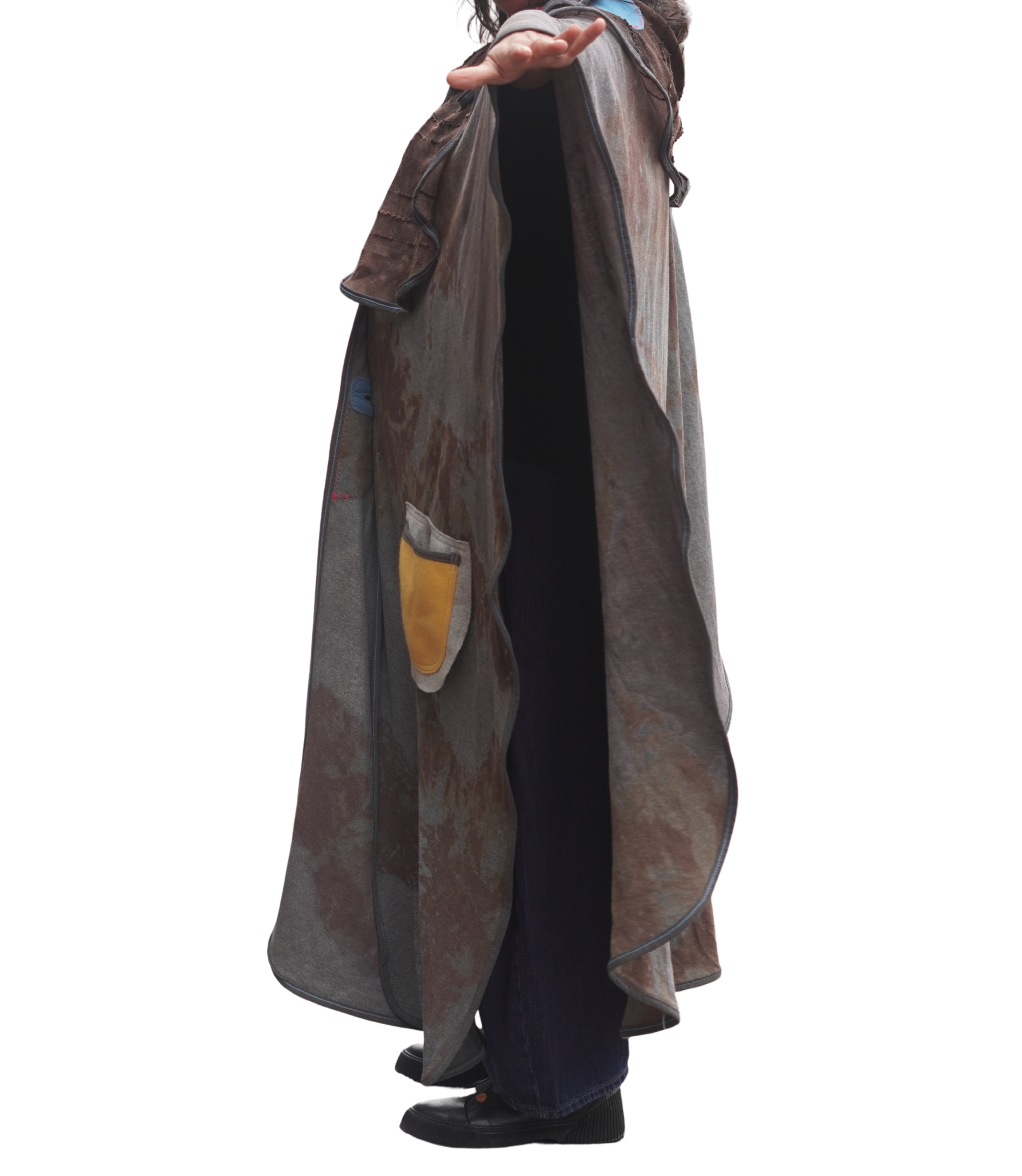 Hand-Dyed Full Length Grey and Beige Cotton Cape with Leather and Boiled Wool Detail by Pepin Designs