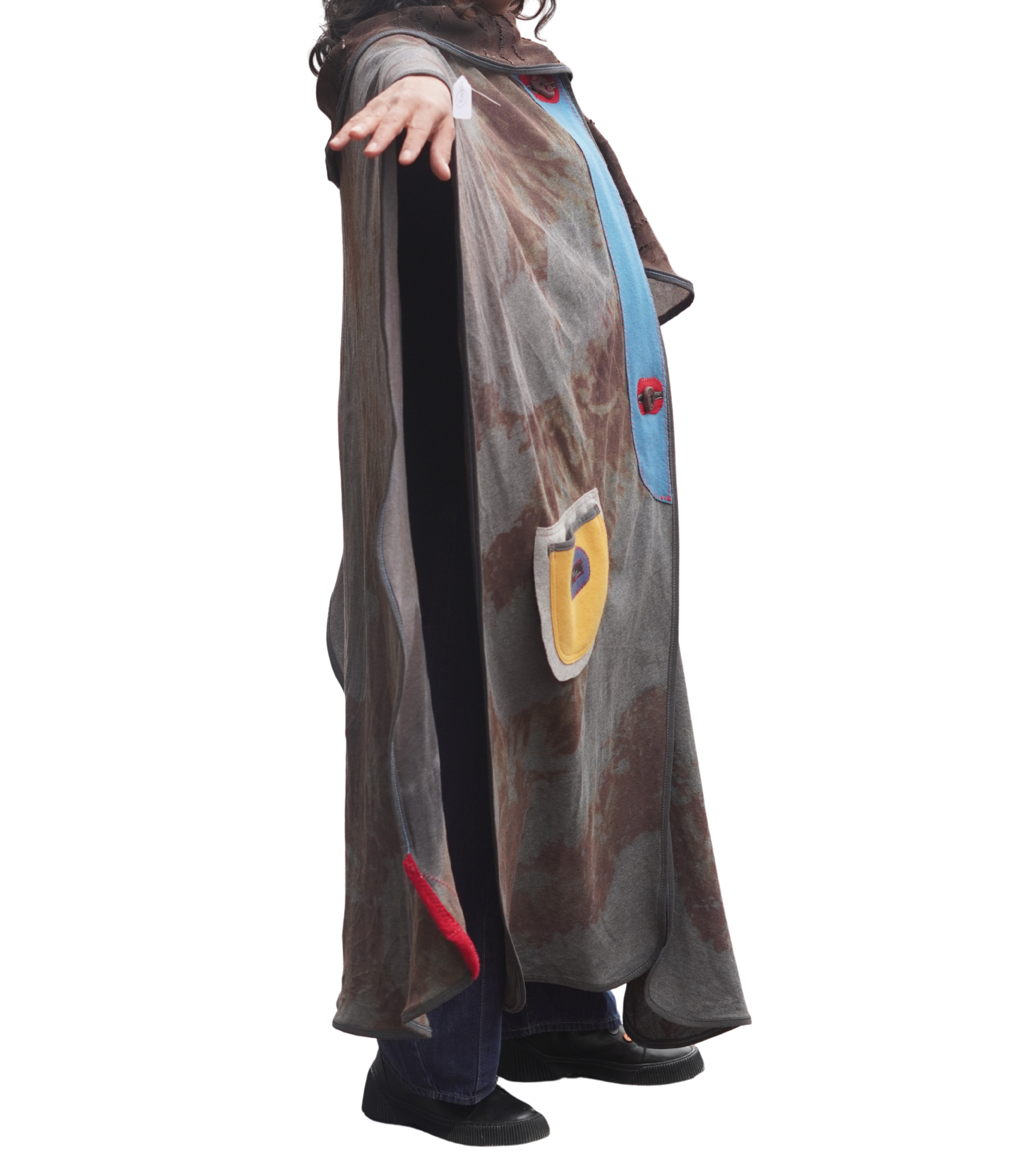 Hand-Dyed Full Length Grey and Beige Cotton Cape with Leather and Boiled Wool Detail by Pepin Designs