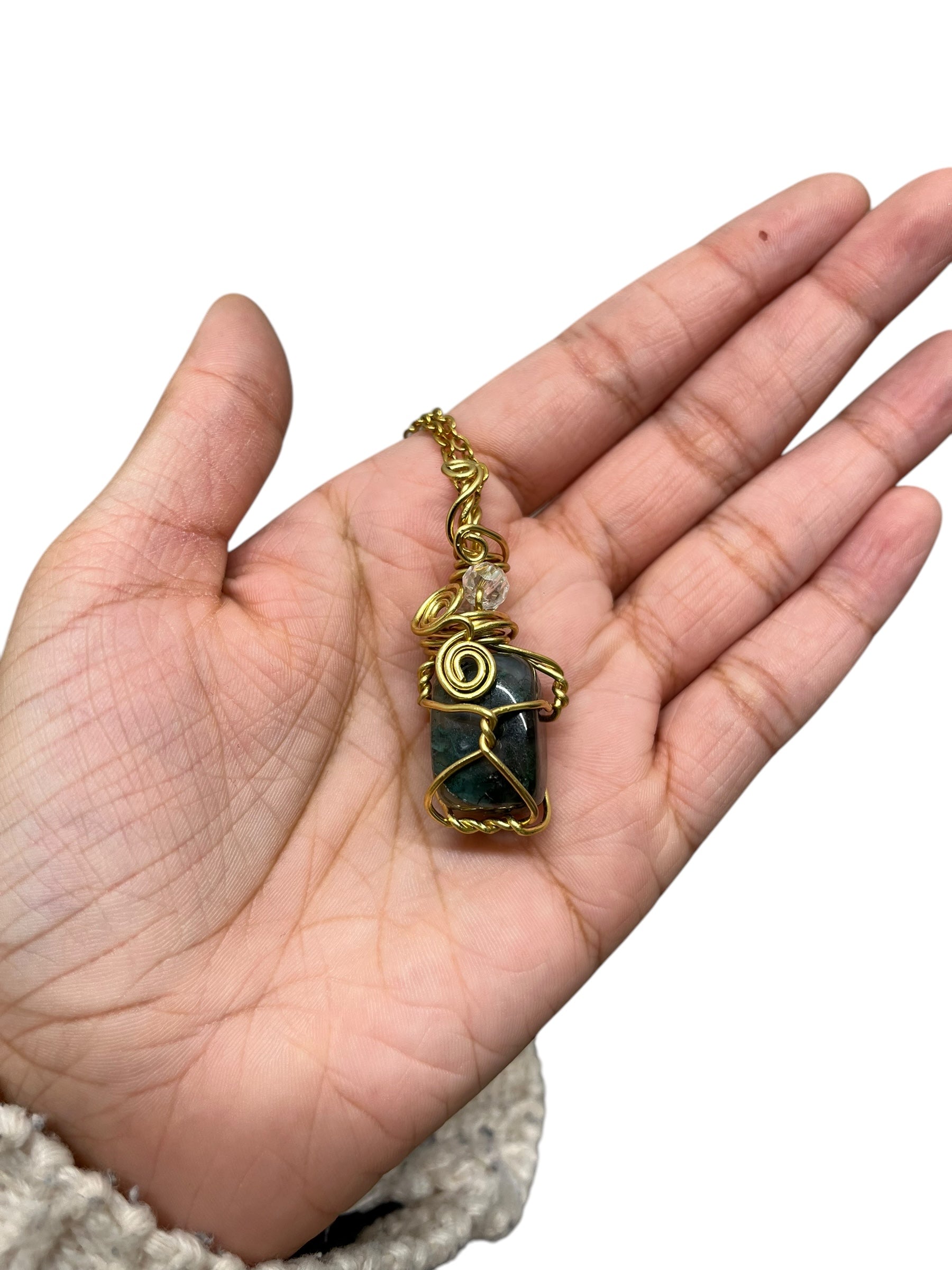 Moss Agate Twisty Crystal Necklace - gold