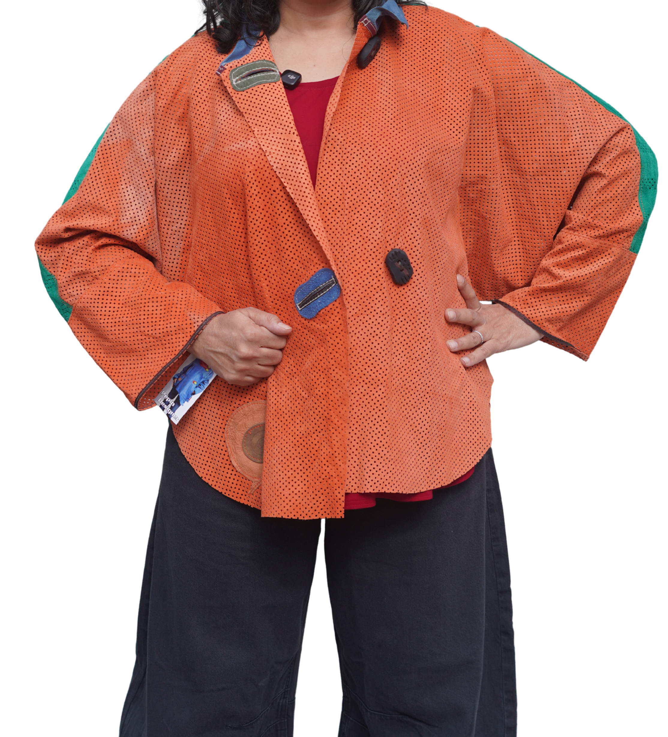 Orange and Green Perforated Suede Leather Jacket by Pepin Designs #16