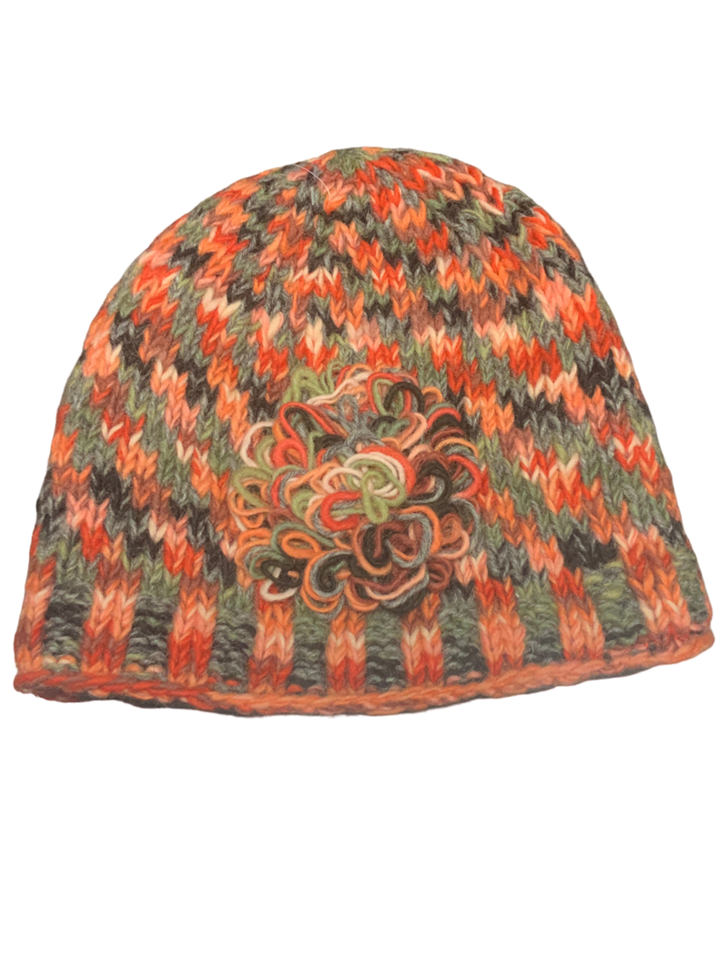 Orange Checkers Wool Hat with Flower Applique