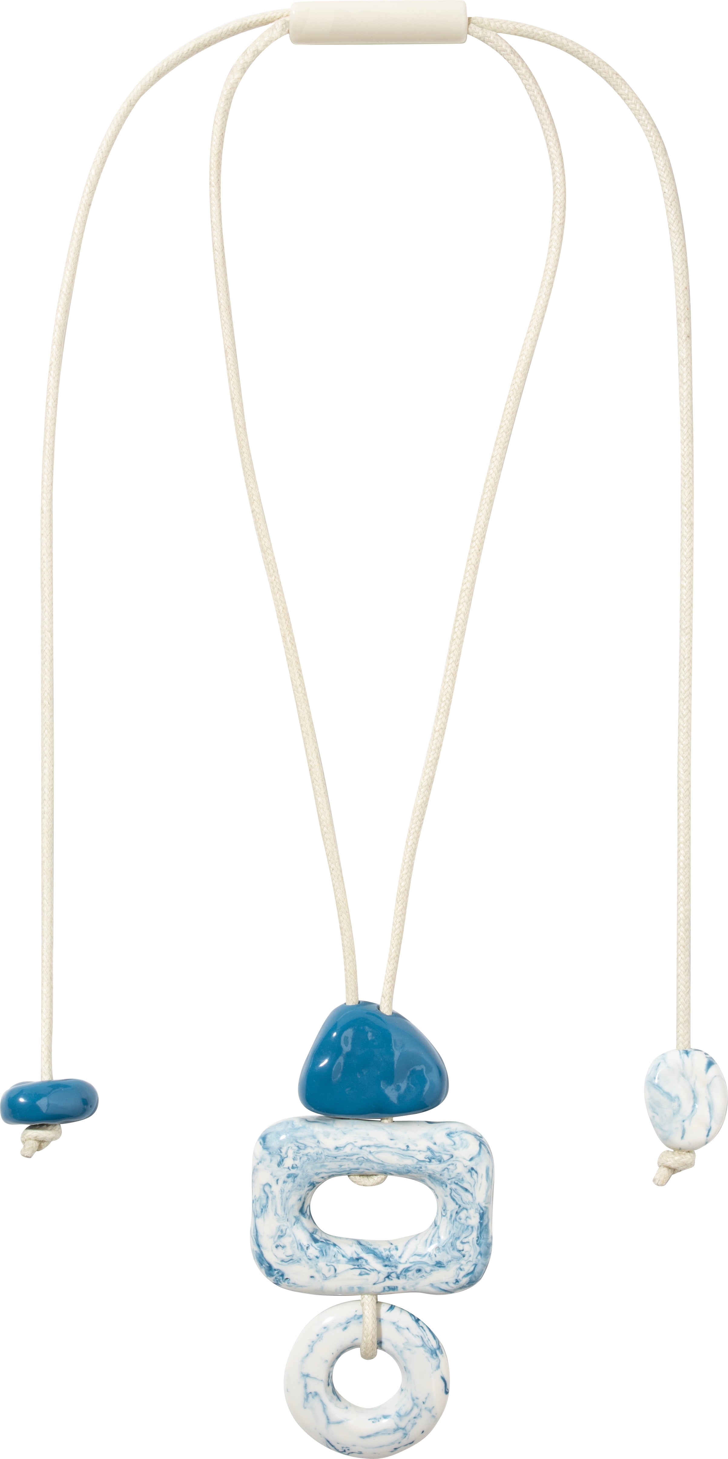 Blue and White Marble Organic 3 Bead Pendant with Adjustable Cord Necklace by Zsiska – Handmade ethical Necklace from sariKNOTsari using upcycled silk. Designed in Canada for travel and slow fashion, loved from Toronto to LA to Sydney.